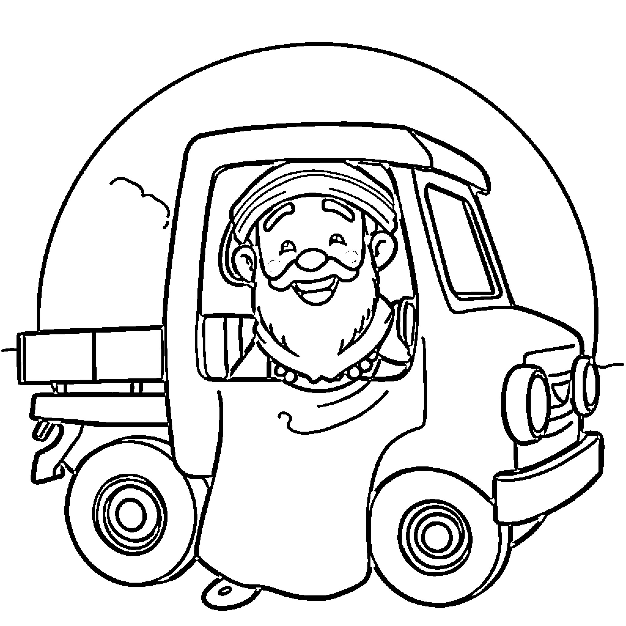 Rumi driving a cheerful truck Coloring Page (free black-and-white line drawing printable PDF for all, from beginners to advanced learners, including children, teens, adults, and seniors)