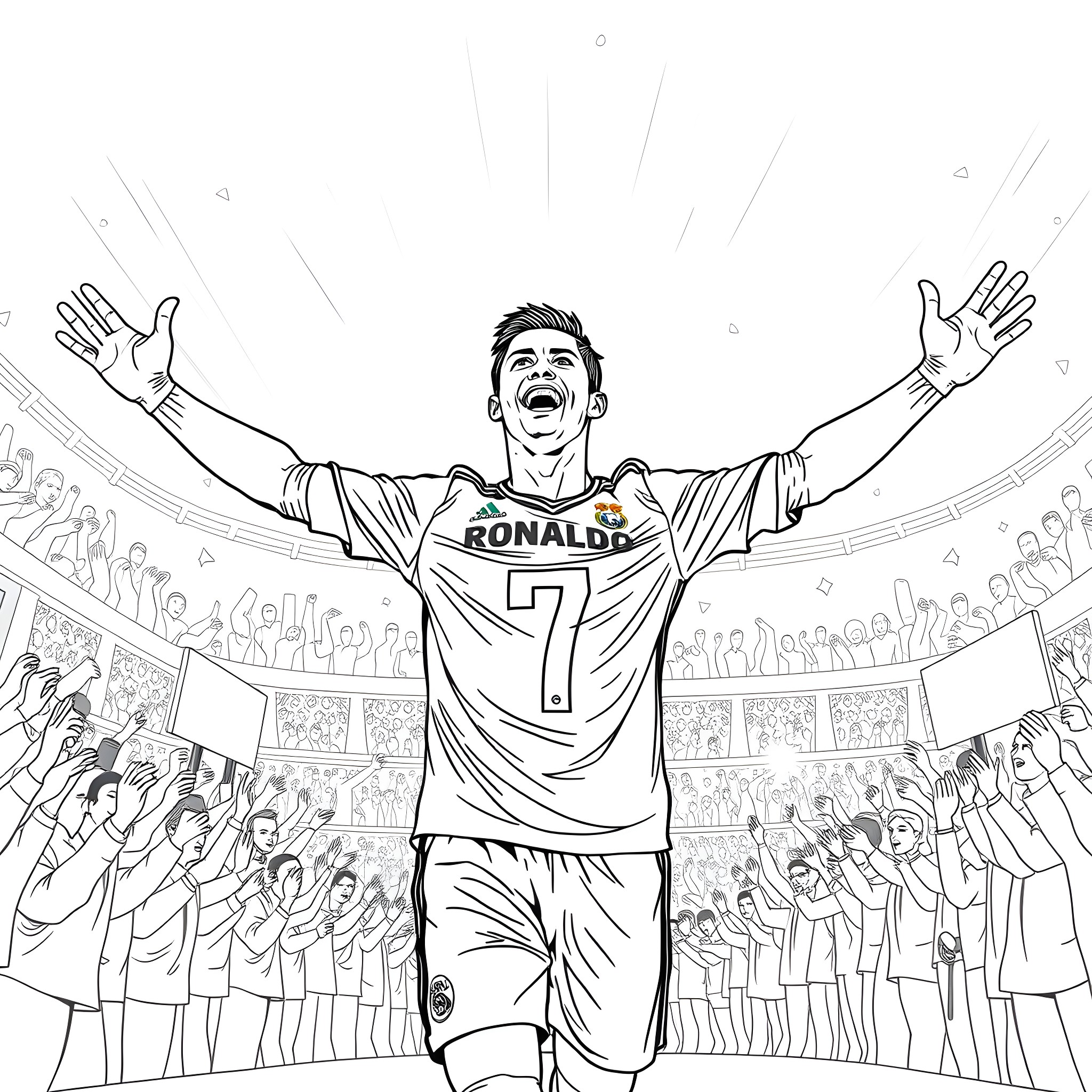 Cristiano Ronaldo celebrating victory with arms raised Coloring Page (free black-and-white line drawing printable PDF for all, from beginners to advanced learners, including children, teens, adults, and seniors)
