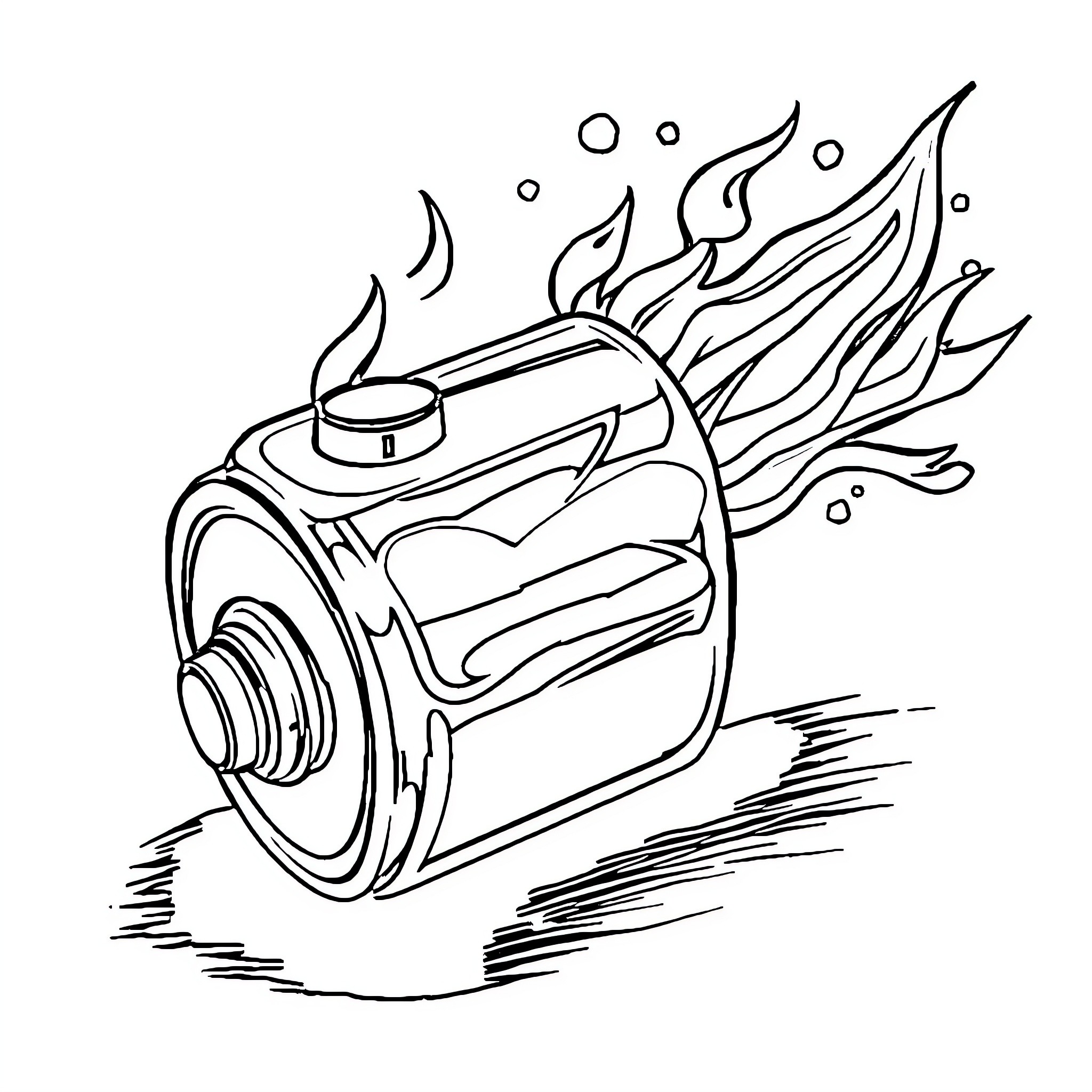 Batterie on fire with flames and bubbles Coloring Page (free black-and-white line drawing printable PDF for all, from beginners to advanced learners, including children, teens, adults, and seniors)