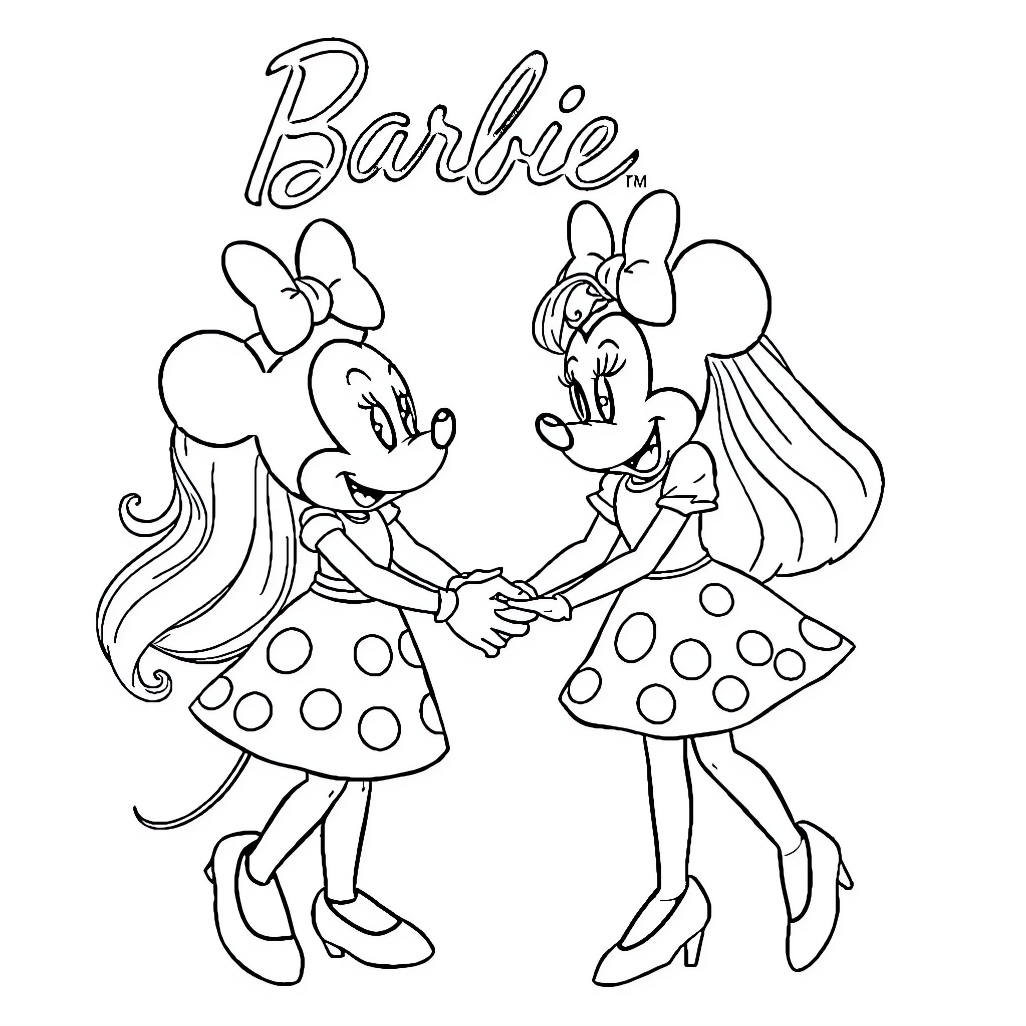 Barbie and Minnie Mouse playing together Coloring Page (free black-and-white line drawing printable PDF for all, from beginners to advanced learners, including children, teens, adults, and seniors)