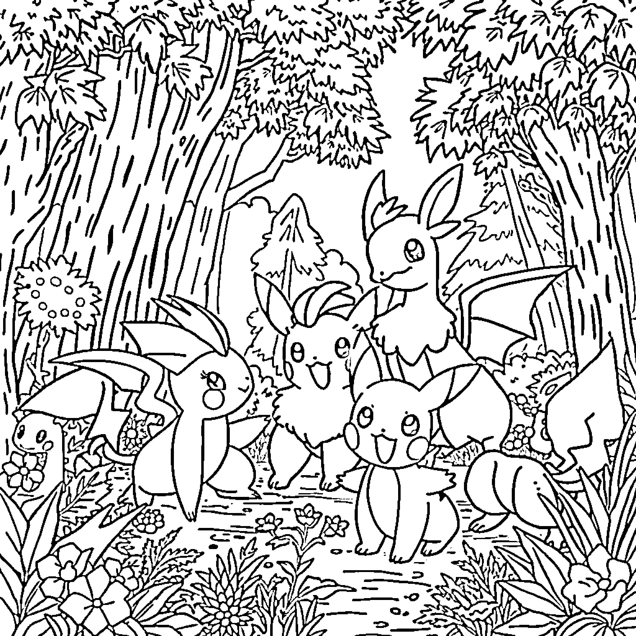 Pokémon gathered in a forest scene Coloring Page (free black-and-white line drawing printable PDF for all, from beginners to advanced learners, including children, teens, adults, and seniors)