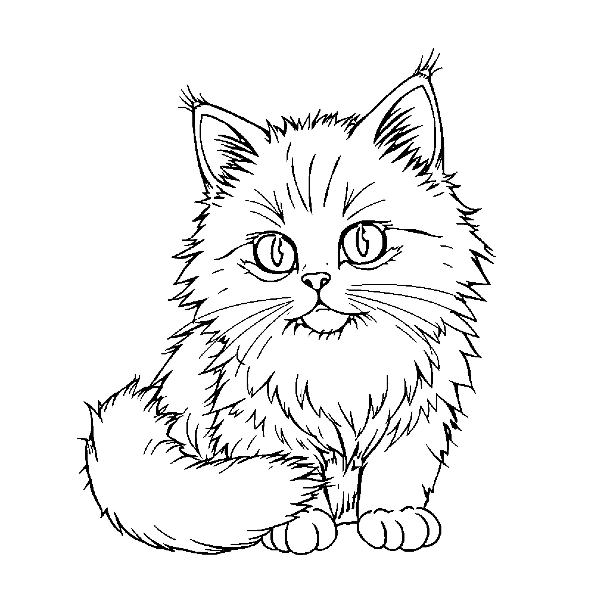 Cat in a fluffy outline Coloring Page (free black-and-white line drawing printable PDF for all, from beginners to advanced learners, including children, teens, adults, and seniors)