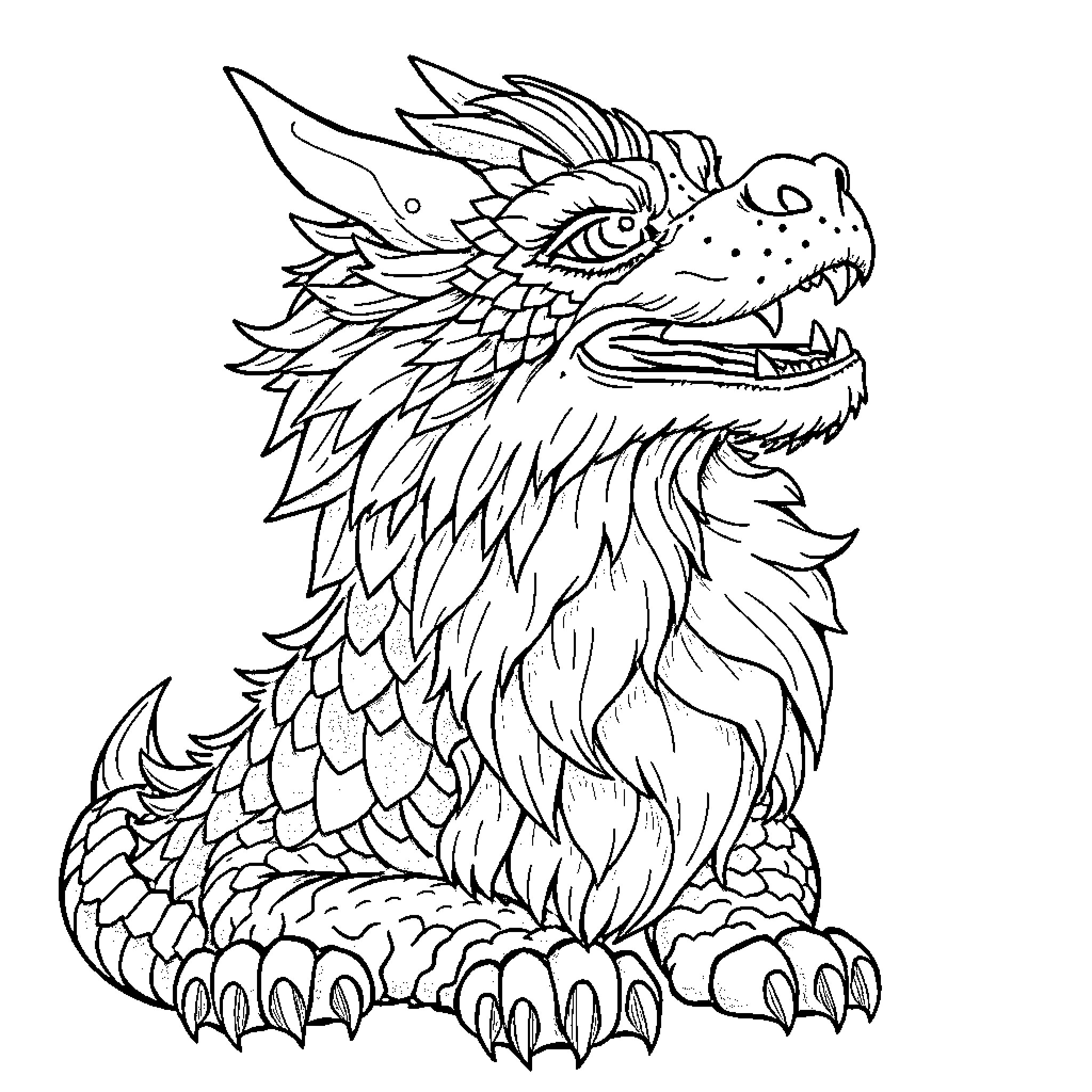 Dragon Dog Ferociously Guarding its Territory Coloring Page (free black-and-white line drawing printable PDF for all, from beginners to advanced learners, including children, teens, adults, and seniors)