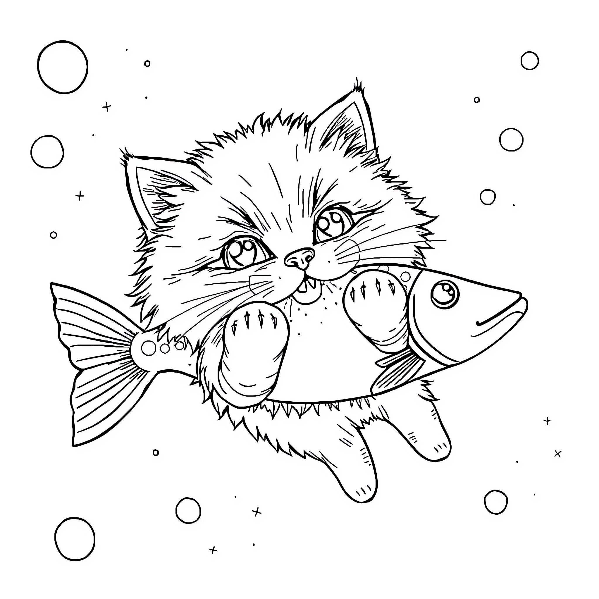 Cat playing with fish in underwater scene Coloring Page (free black-and-white line drawing printable PDF for all, from beginners to advanced learners, including children, teens, adults, and seniors)