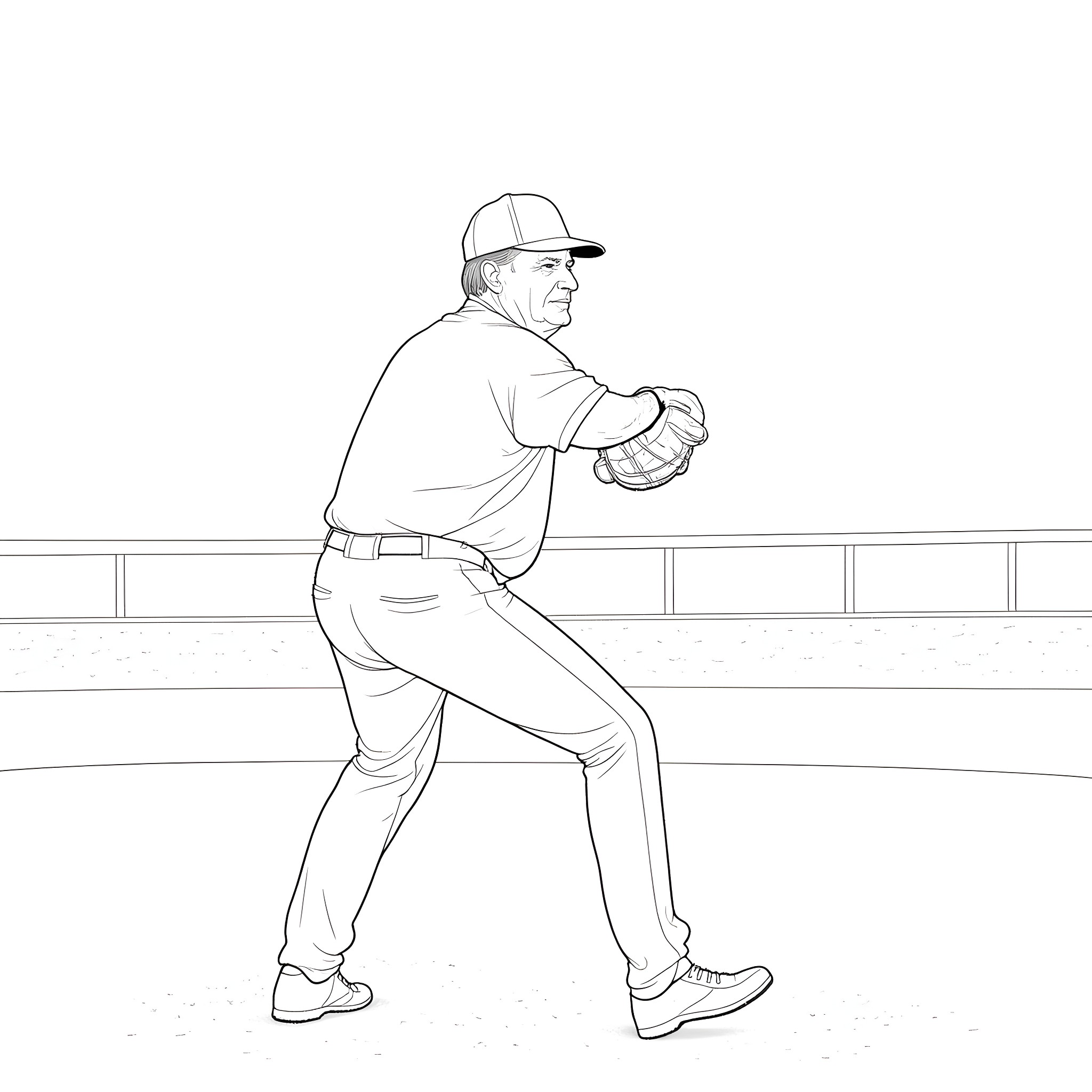 Trump playing baseball on a field Coloring Page (free black-and-white line drawing printable PDF for all, from beginners to advanced learners, including children, teens, adults, and seniors)