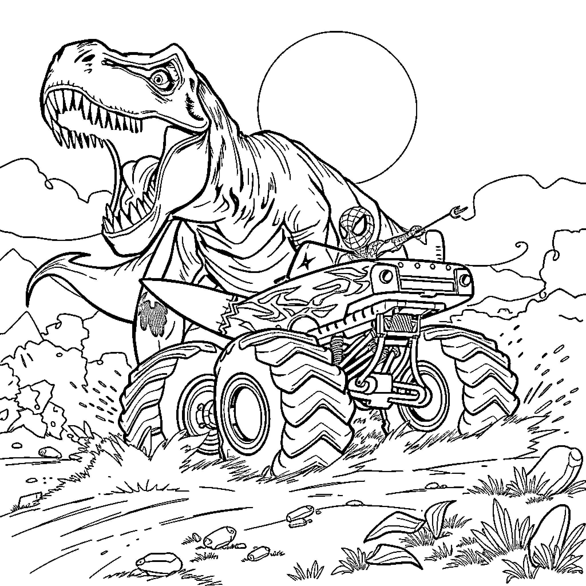 Dinosaur riding a monster truck across the landscape Coloring Page (free black-and-white line drawing printable PDF for all, from beginners to advanced learners, including children, teens, adults, and seniors)