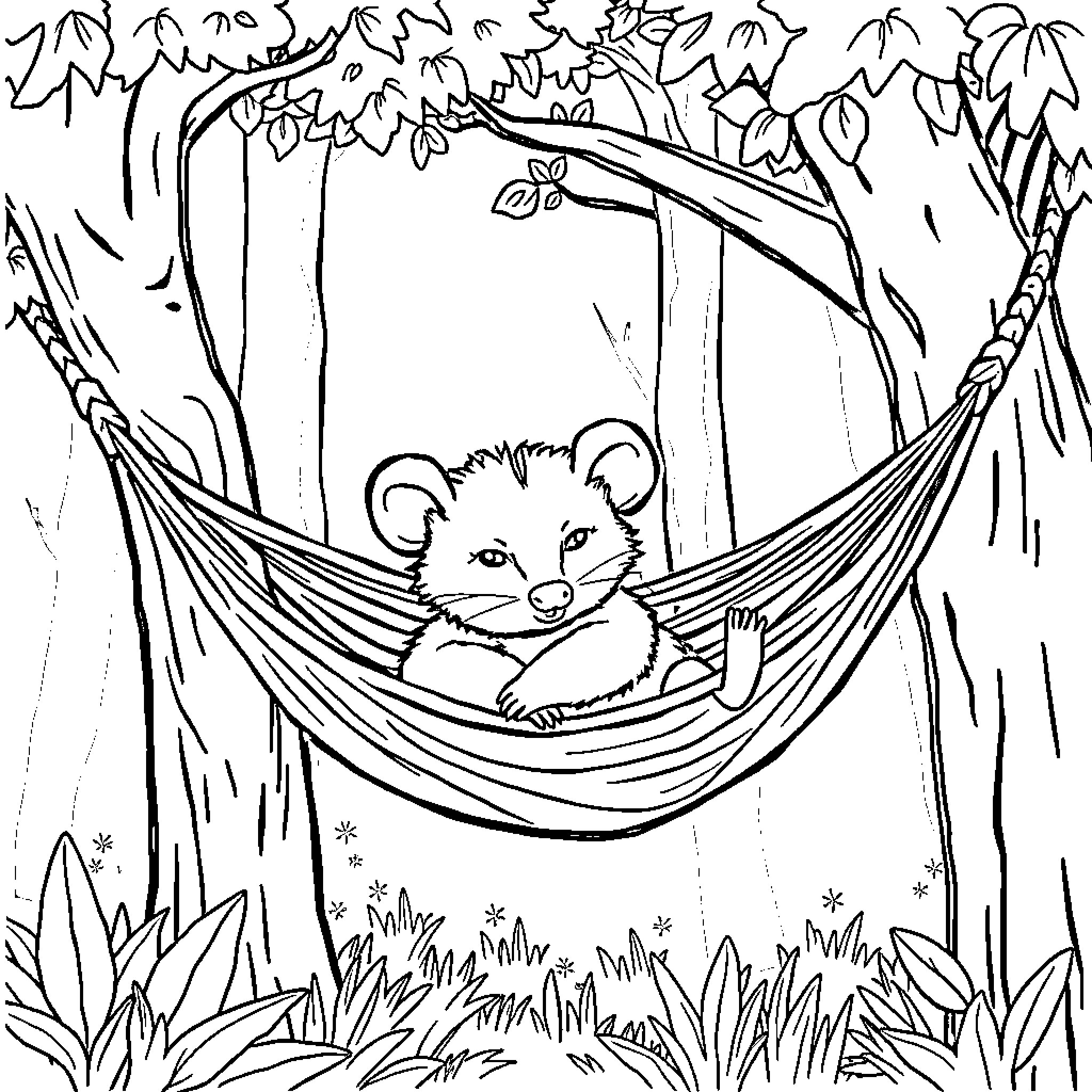 Possum resting comfortably in a hammock in the forest Coloring Page (free black-and-white line drawing printable PDF for all, from beginners to advanced learners, including children, teens, adults, and seniors)