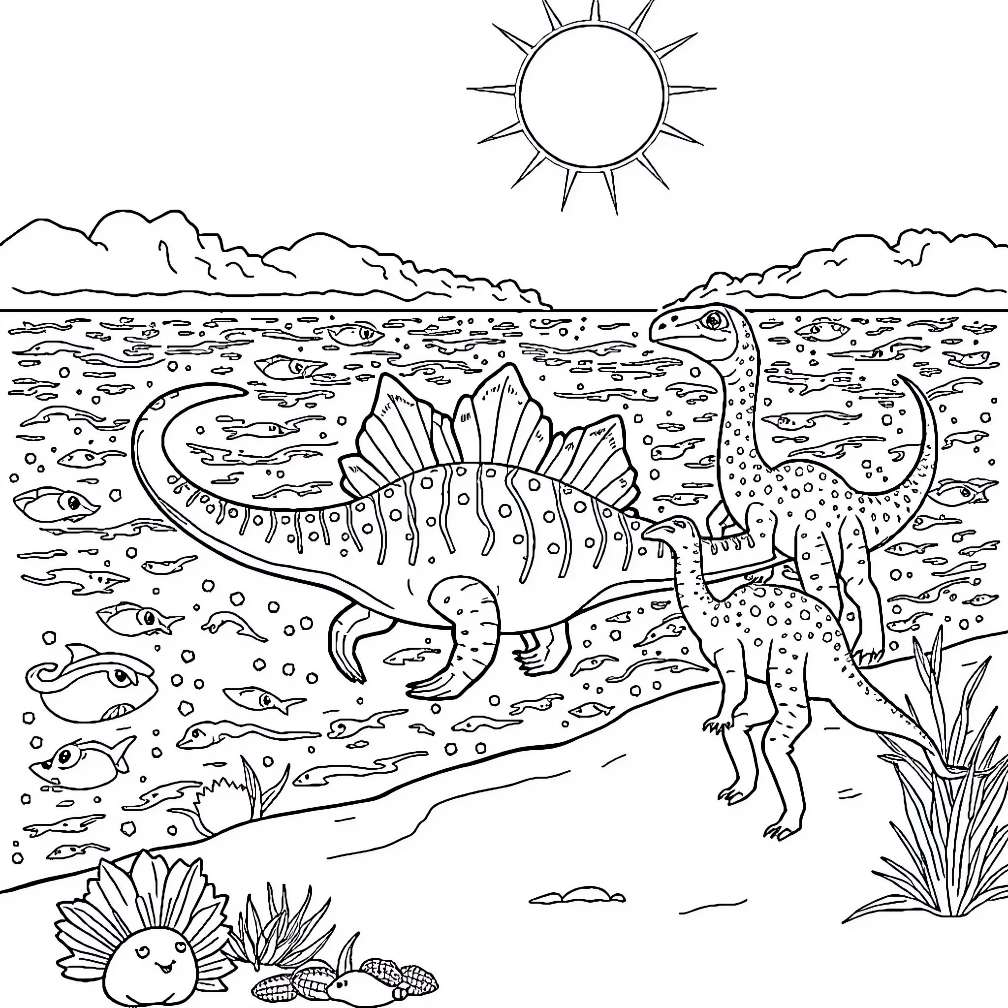 Spinosaurus exploring the prehistoric landscape Coloring Page (free black-and-white line drawing printable PDF for all, from beginners to advanced learners, including children, teens, adults, and seniors)