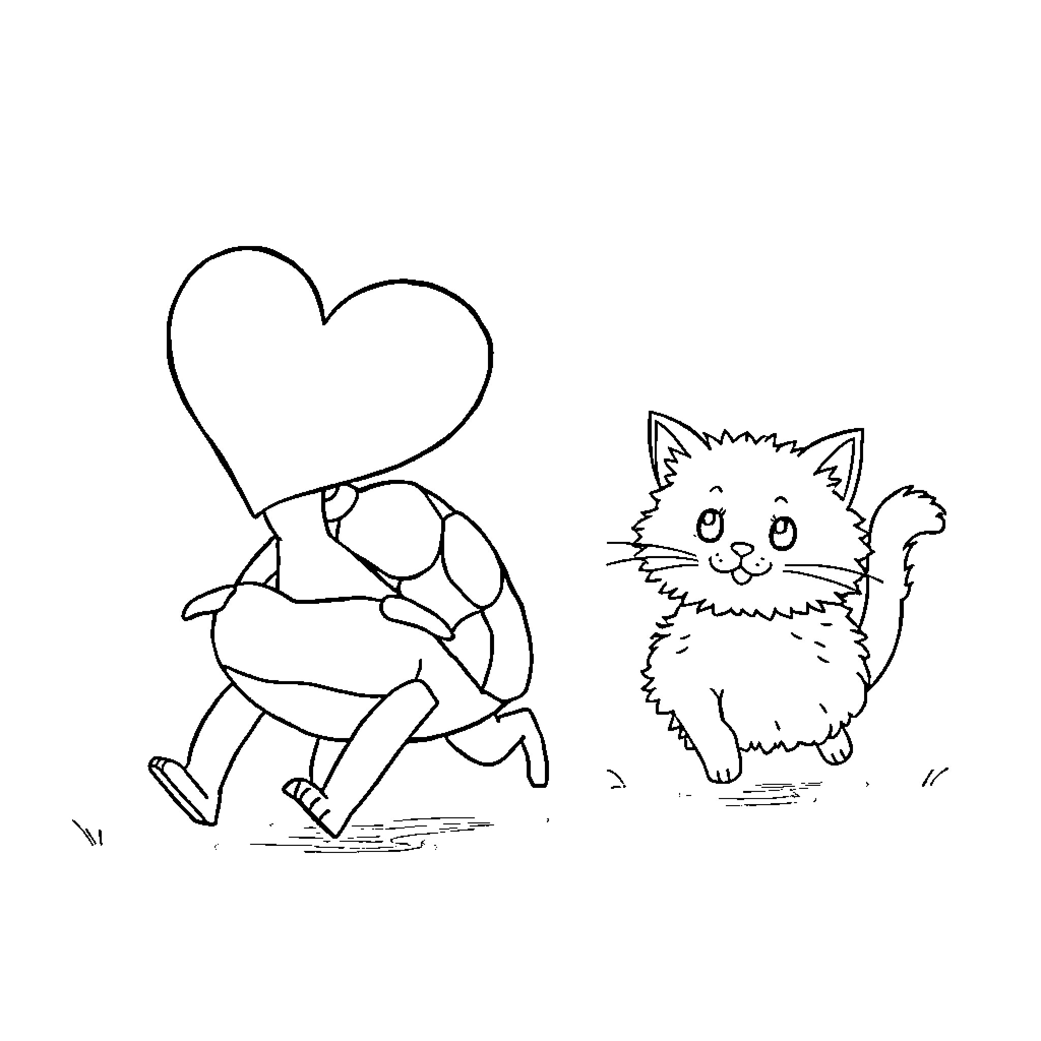 Turd carrying heart-shaped sign and cat Coloring Page (free black-and-white line drawing printable PDF for all, from beginners to advanced learners, including children, teens, adults, and seniors)