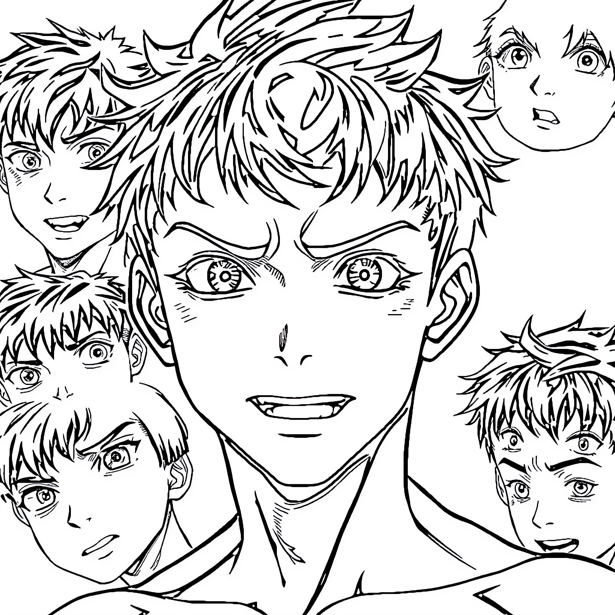 Manga Boy Faces Expressing Emotions in Expressive Illustrations Coloring Page (free black-and-white line drawing printable PDF for all, from beginners to advanced learners, including children, teens, adults, and seniors)