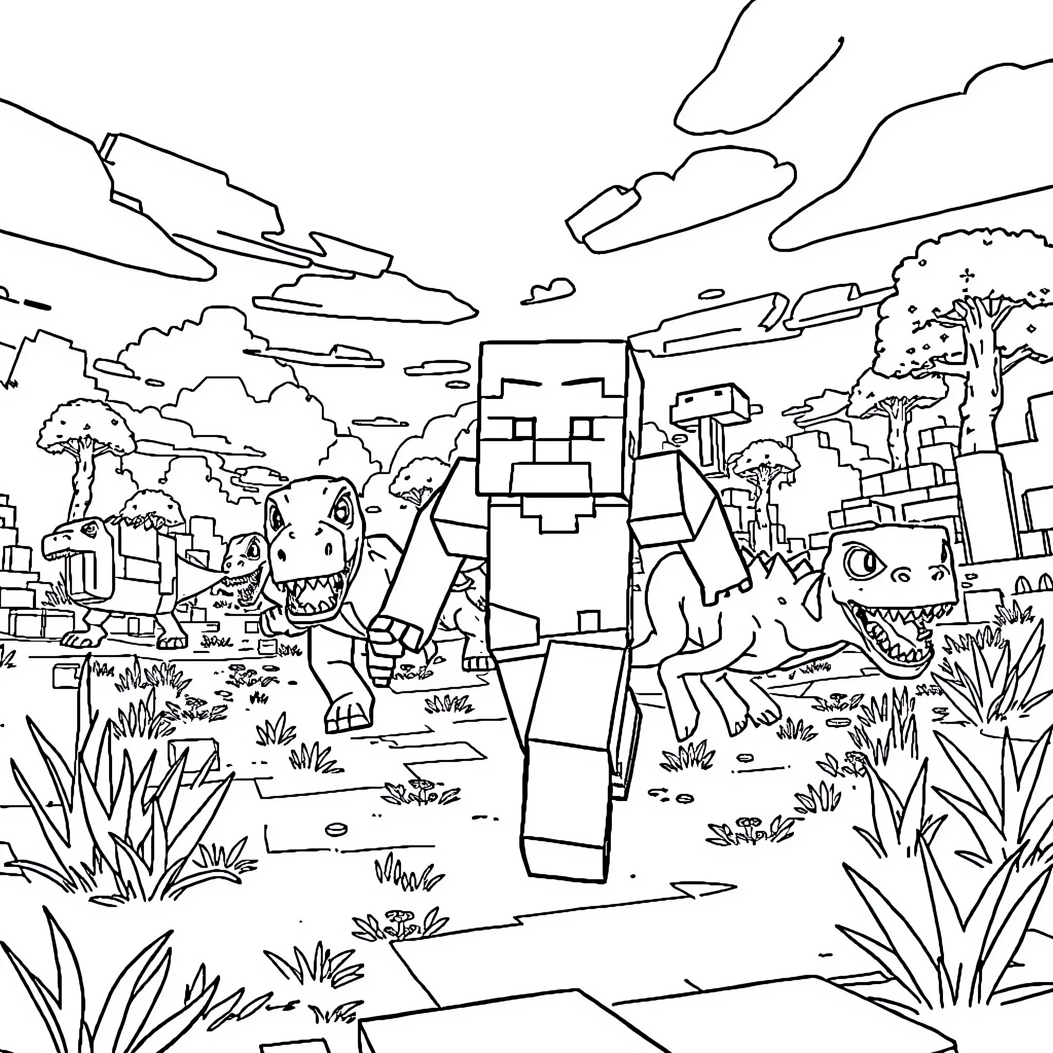 Minecraft Characters Exploring Vibrant Wilderness Coloring Page (free black-and-white line drawing printable PDF for all, from beginners to advanced learners, including children, teens, adults, and seniors)
