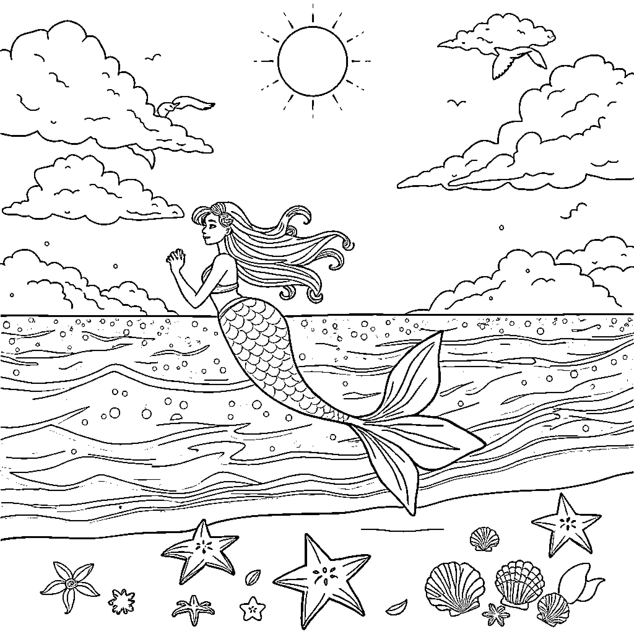 Mermaid swimming gracefully in the sea Coloring Page (free black-and-white line drawing printable PDF for all, from beginners to advanced learners, including children, teens, adults, and seniors)