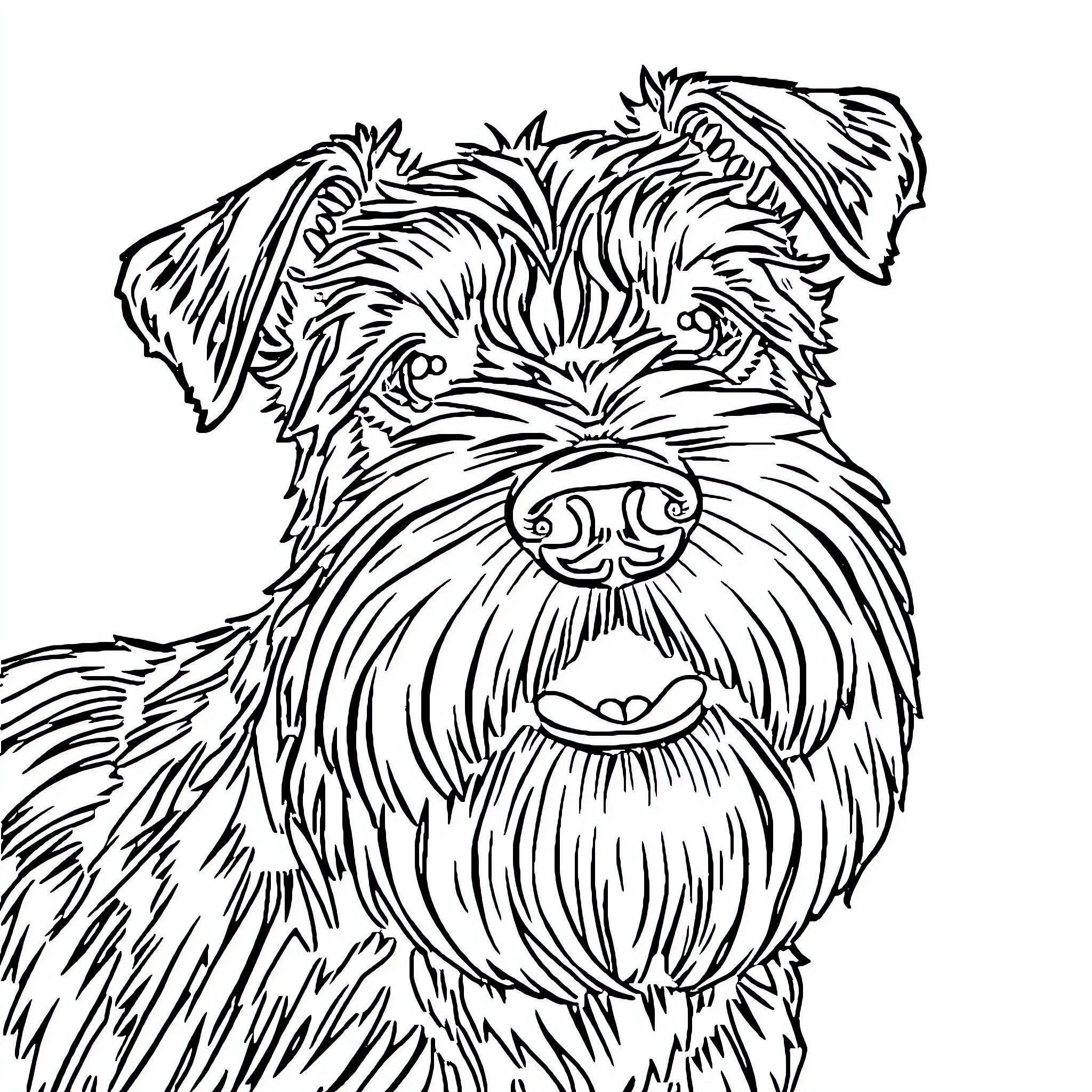 Schnauzer with Whimsical Fur Expression Coloring Page (free black-and-white line drawing printable PDF for all, from beginners to advanced learners, including children, teens, adults, and seniors)