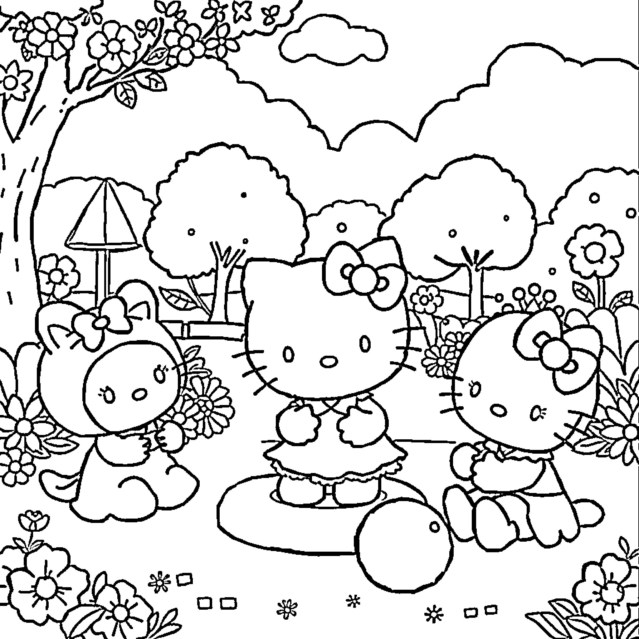 Hello Kitty's Floral Garden Adventure Coloring Page (free black-and-white line drawing printable PDF for all, from beginners to advanced learners, including children, teens, adults, and seniors)