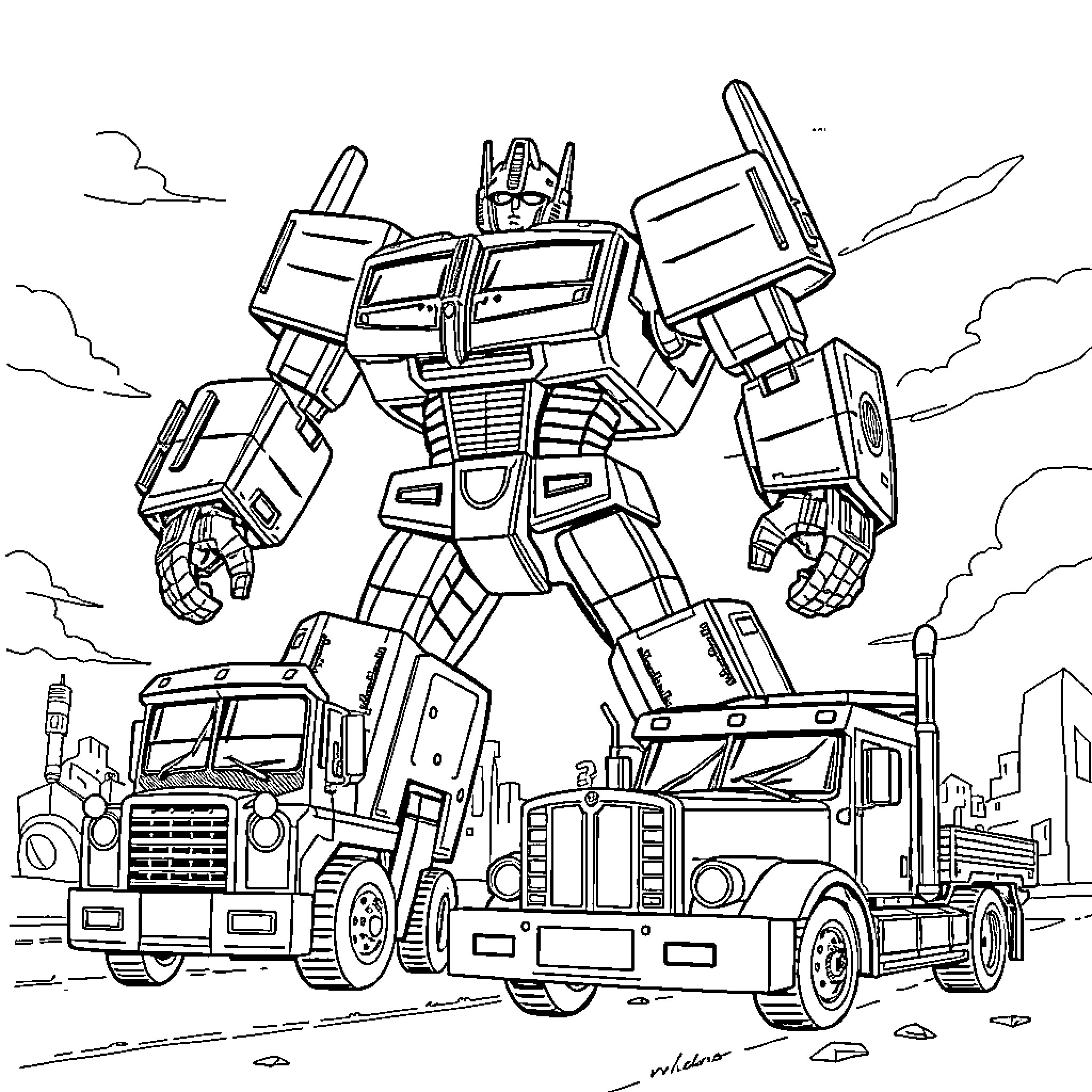 Transformer robot in action against urban backdrop Coloring Page (free black-and-white line drawing printable PDF for all, from beginners to advanced learners, including children, teens, adults, and seniors)