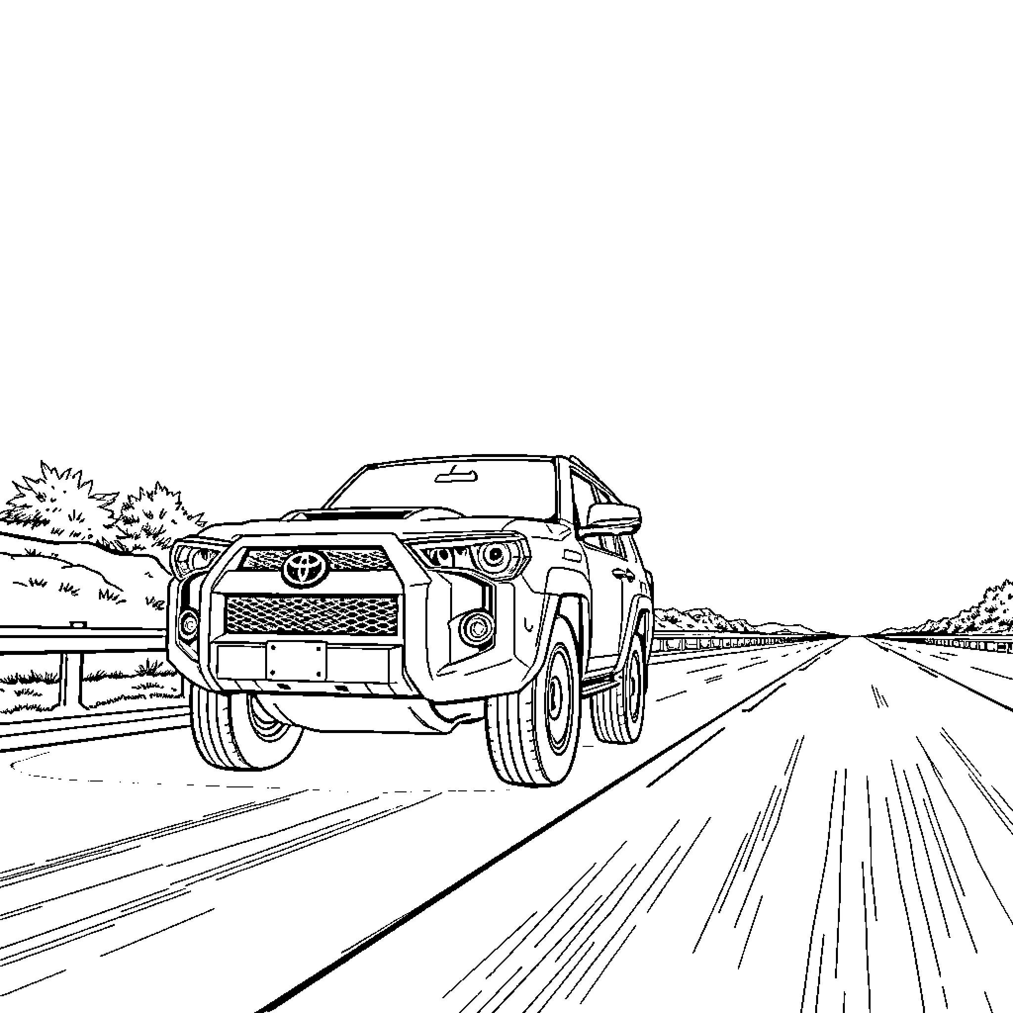 Toyota 4Runner speeding down the highway Coloring Page (free black-and-white line drawing printable PDF for all, from beginners to advanced learners, including children, teens, adults, and seniors)