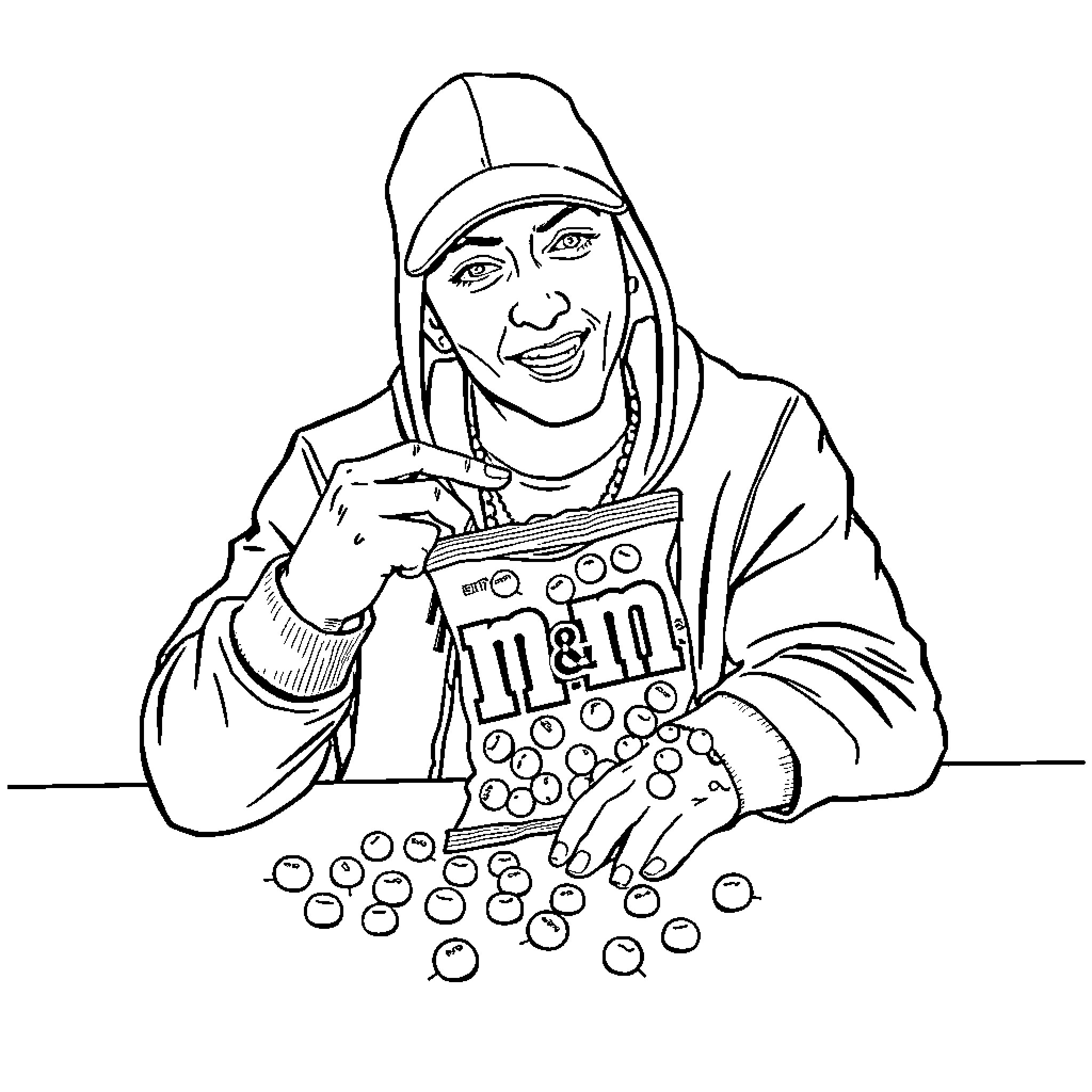Eminem playing with M&M's candies Coloring Page (free black-and-white line drawing printable PDF for all, from beginners to advanced learners, including children, teens, adults, and seniors)