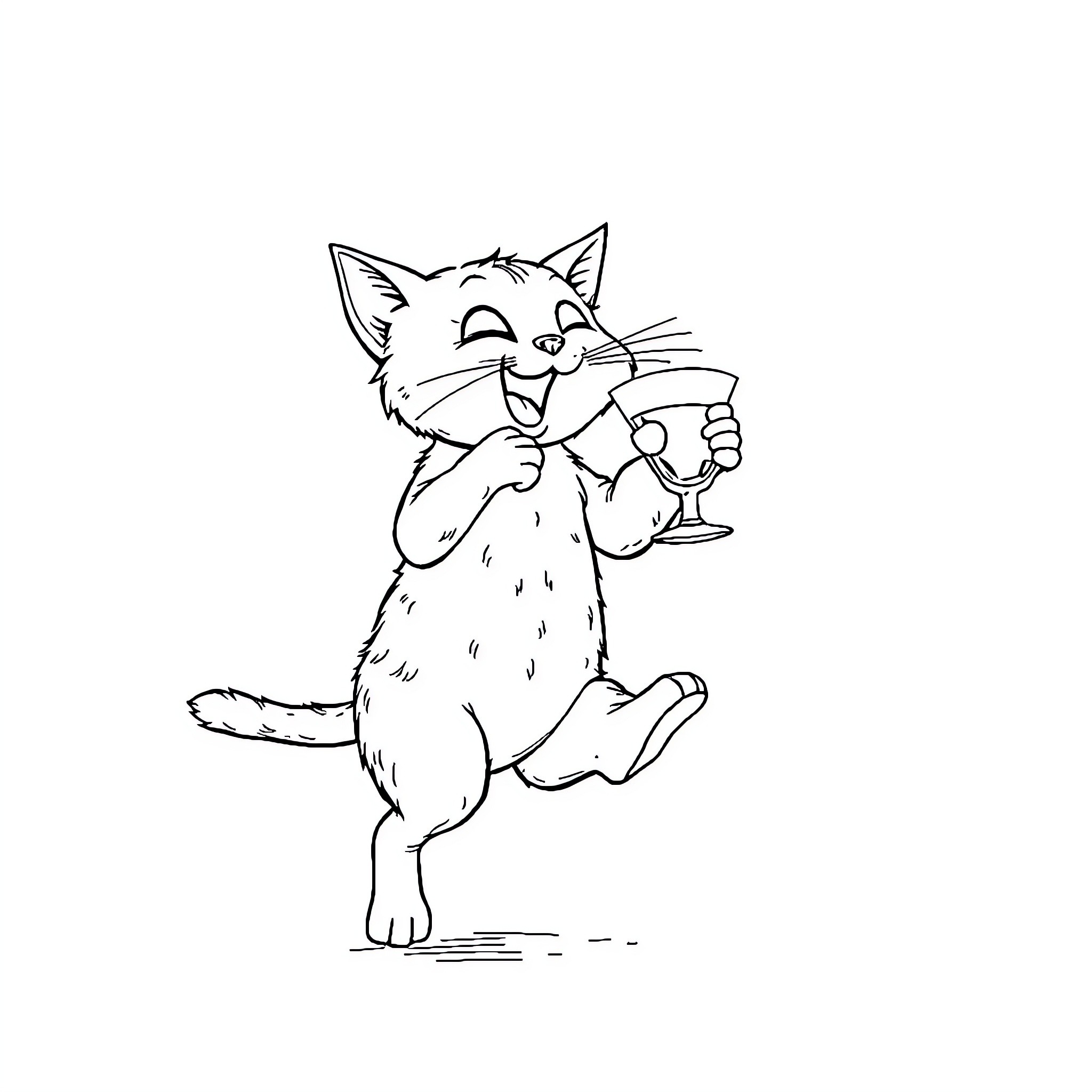 Cat Enjoying a Drink Coloring Page (free black-and-white line drawing printable PDF for all, from beginners to advanced learners, including children, teens, adults, and seniors)