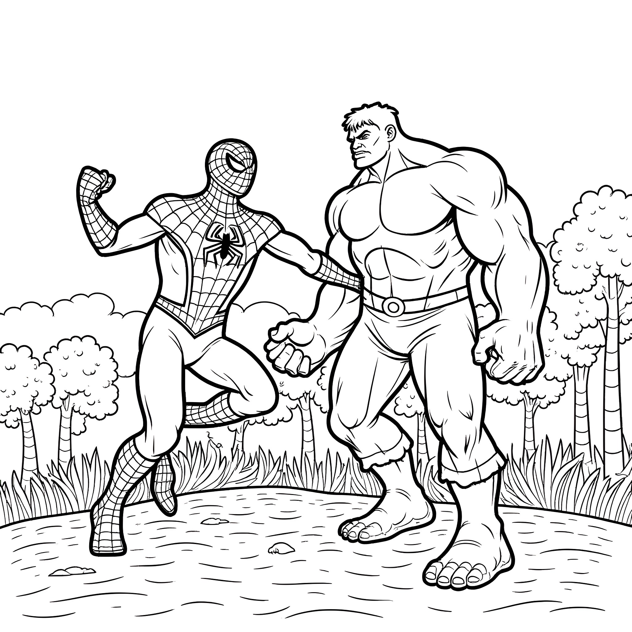 Spiderman facing off against a muscular superhero Coloring Page (free black-and-white line drawing printable PDF for all, from beginners to advanced learners, including children, teens, adults, and seniors)