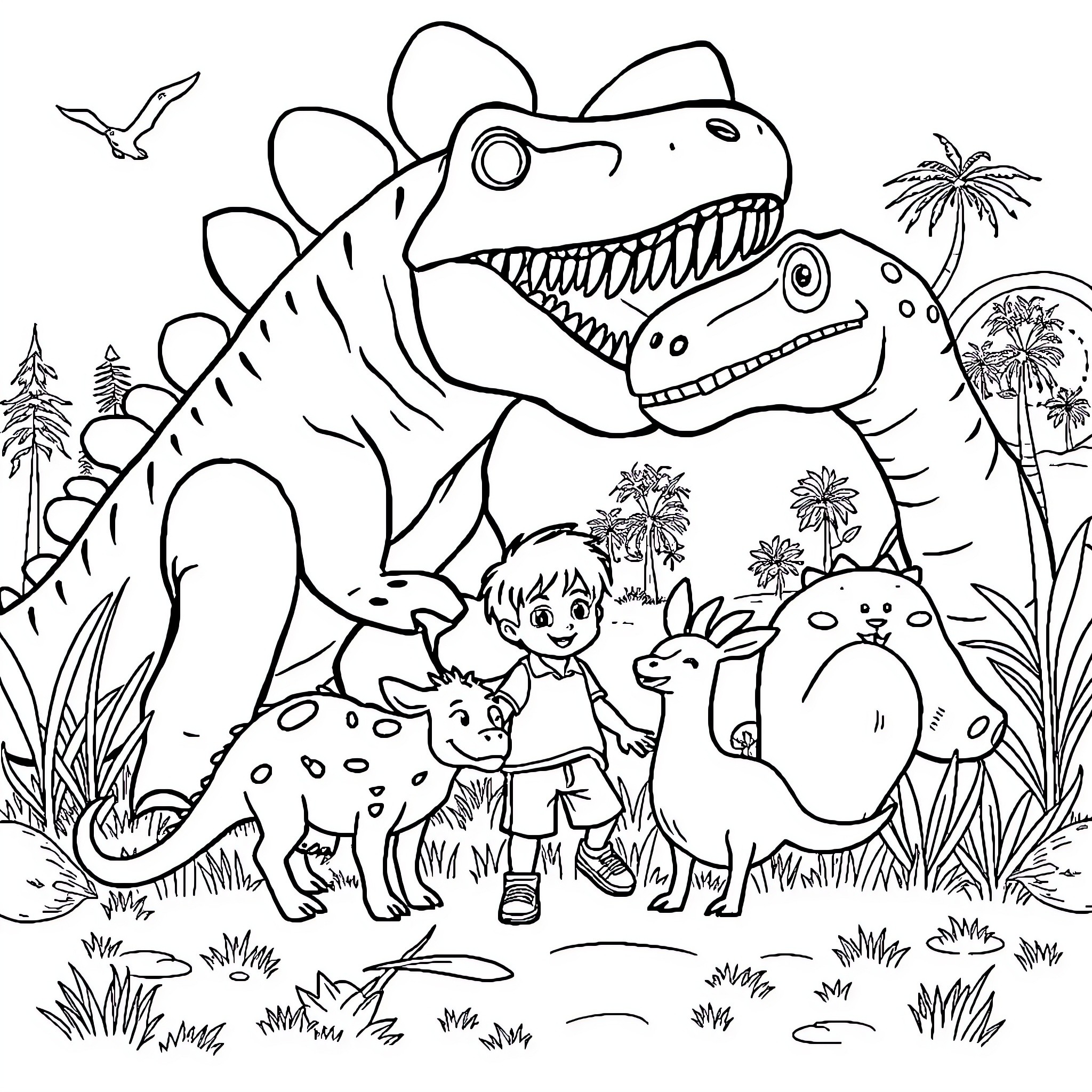 Niño exploring the prehistoric world with dinosaurs Coloring Page (free black-and-white line drawing printable PDF for all, from beginners to advanced learners, including children, teens, adults, and seniors)