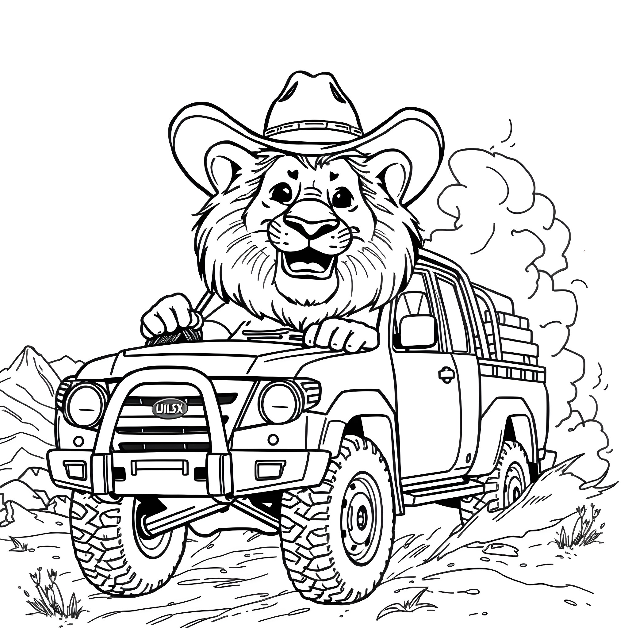 Lion riding off-road vehicle in the wilderness Coloring Page (free black-and-white line drawing printable PDF for all, from beginners to advanced learners, including children, teens, adults, and seniors)
