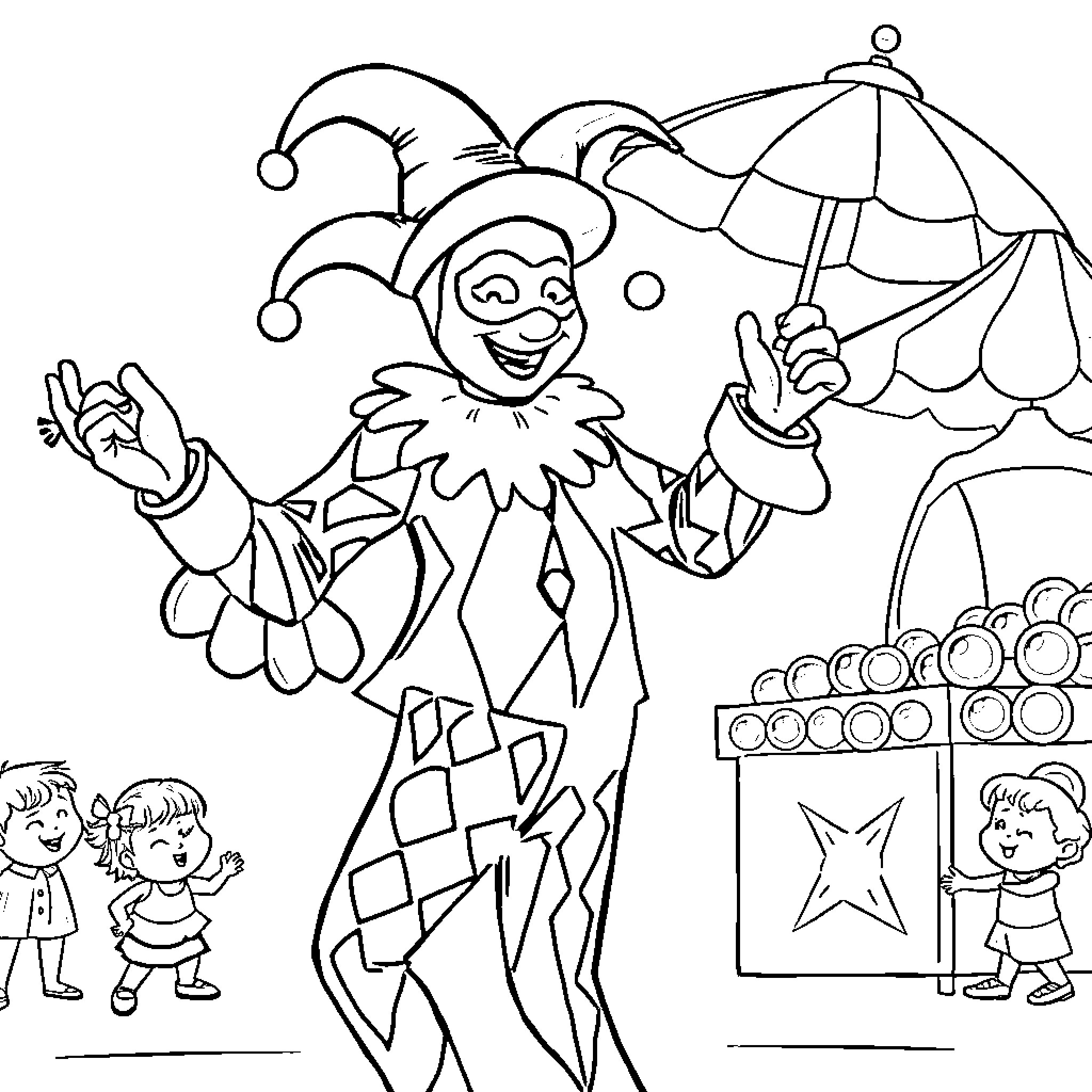 Arlequin's Joyful Performance for Children Coloring Page (free black-and-white line drawing printable PDF for all, from beginners to advanced learners, including children, teens, adults, and seniors)