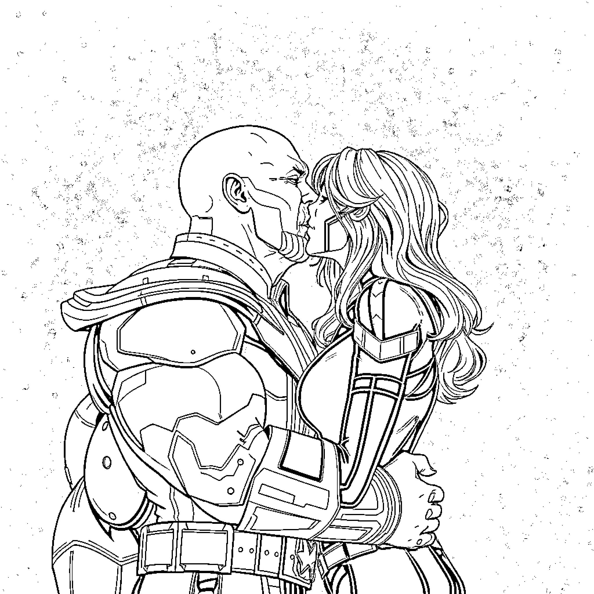 Thanos and Gamora in an intimate moment Coloring Page (free black-and-white line drawing printable PDF for all, from beginners to advanced learners, including children, teens, adults, and seniors)