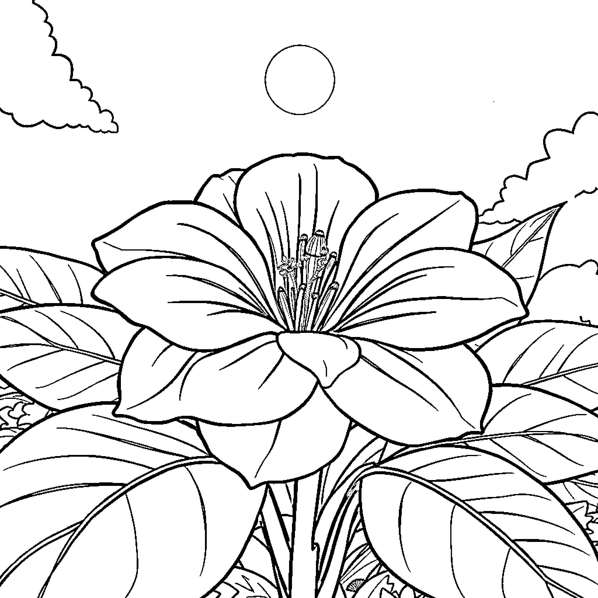 Flower in a Serene Landscape Coloring Page (free black-and-white line drawing printable PDF for all, from beginners to advanced learners, including children, teens, adults, and seniors)