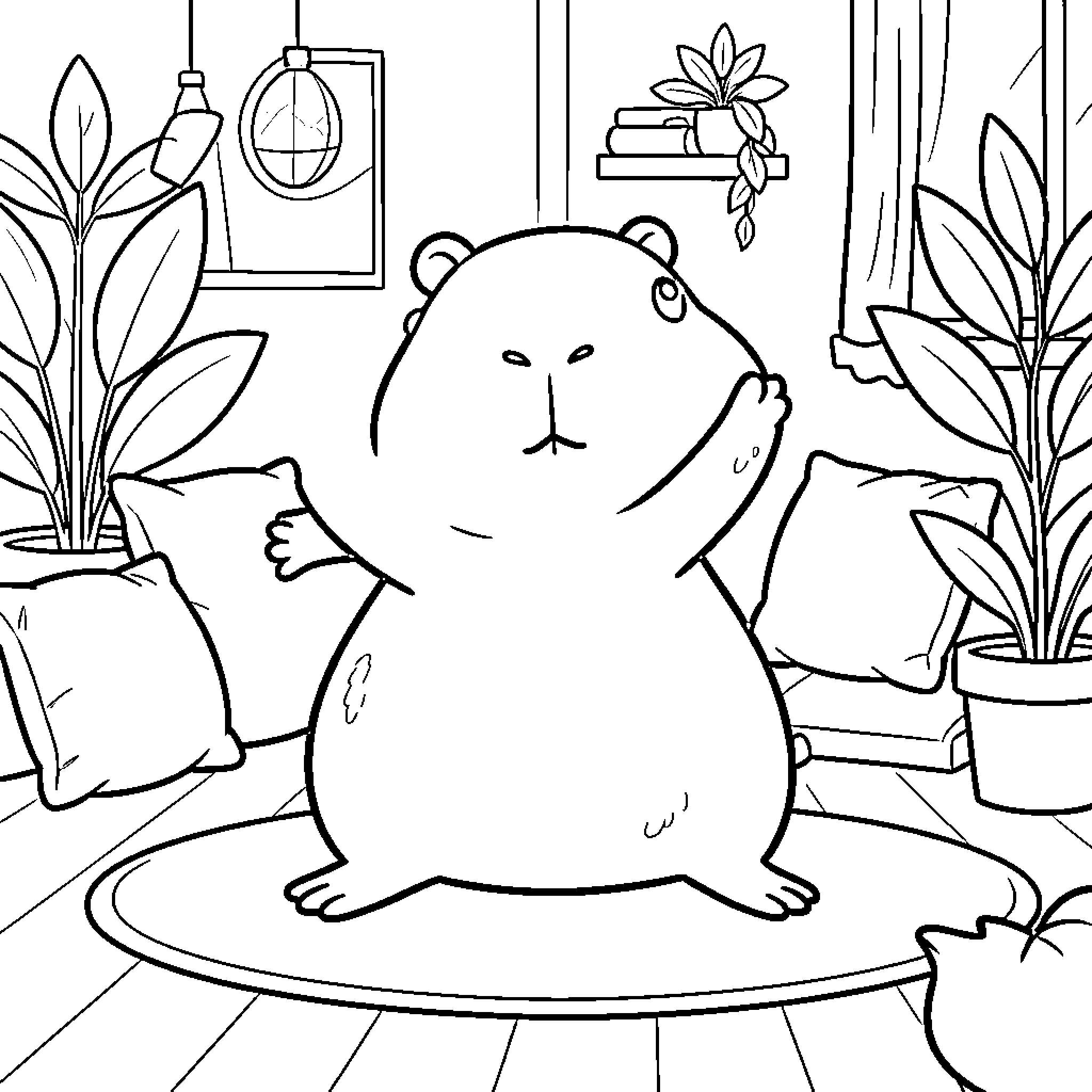 Capybara relaxing in a cozy indoor setting Coloring Page (free black-and-white line drawing printable PDF for all, from beginners to advanced learners, including children, teens, adults, and seniors)