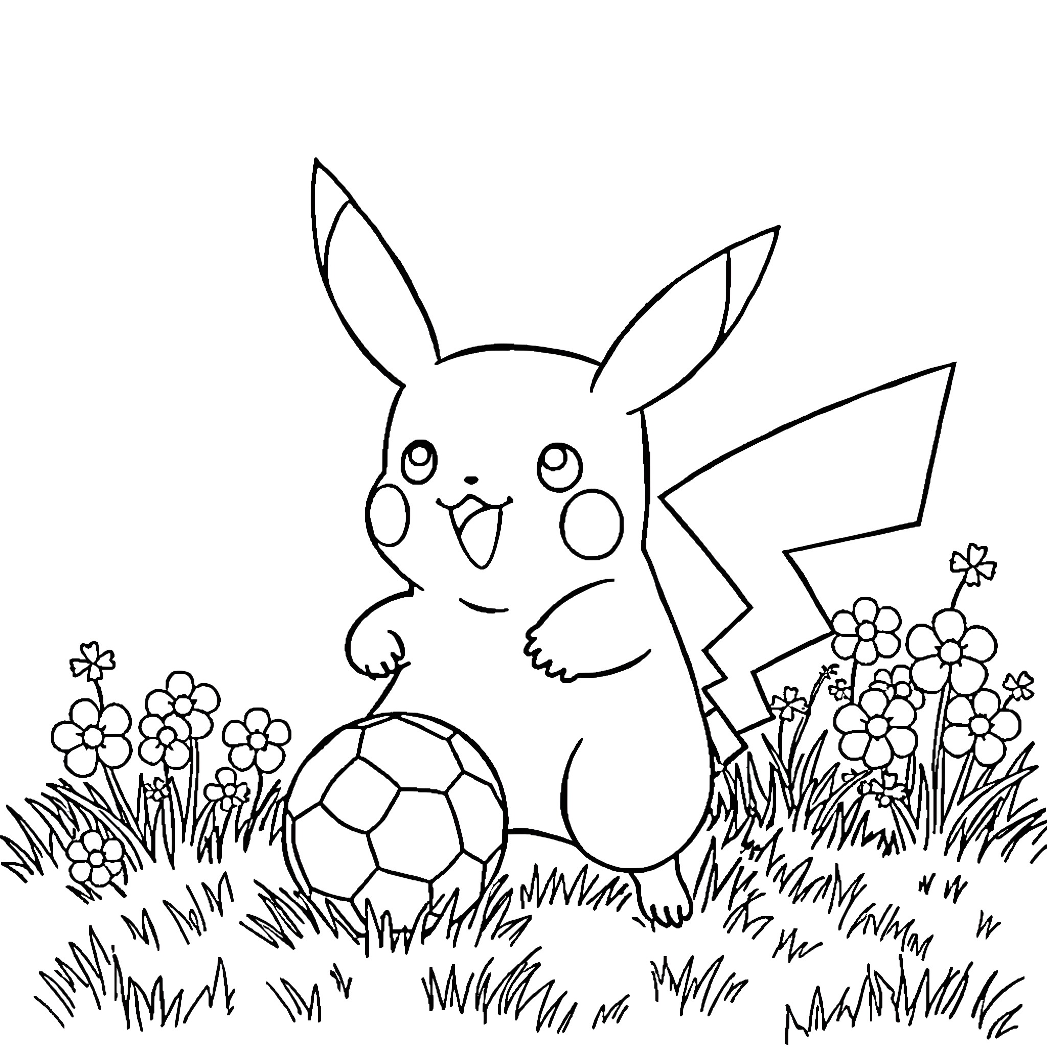 Pikachu playing with a soccer ball in a field of flowers Coloring Page (free black-and-white line drawing printable PDF for all, from beginners to advanced learners, including children, teens, adults, and seniors)