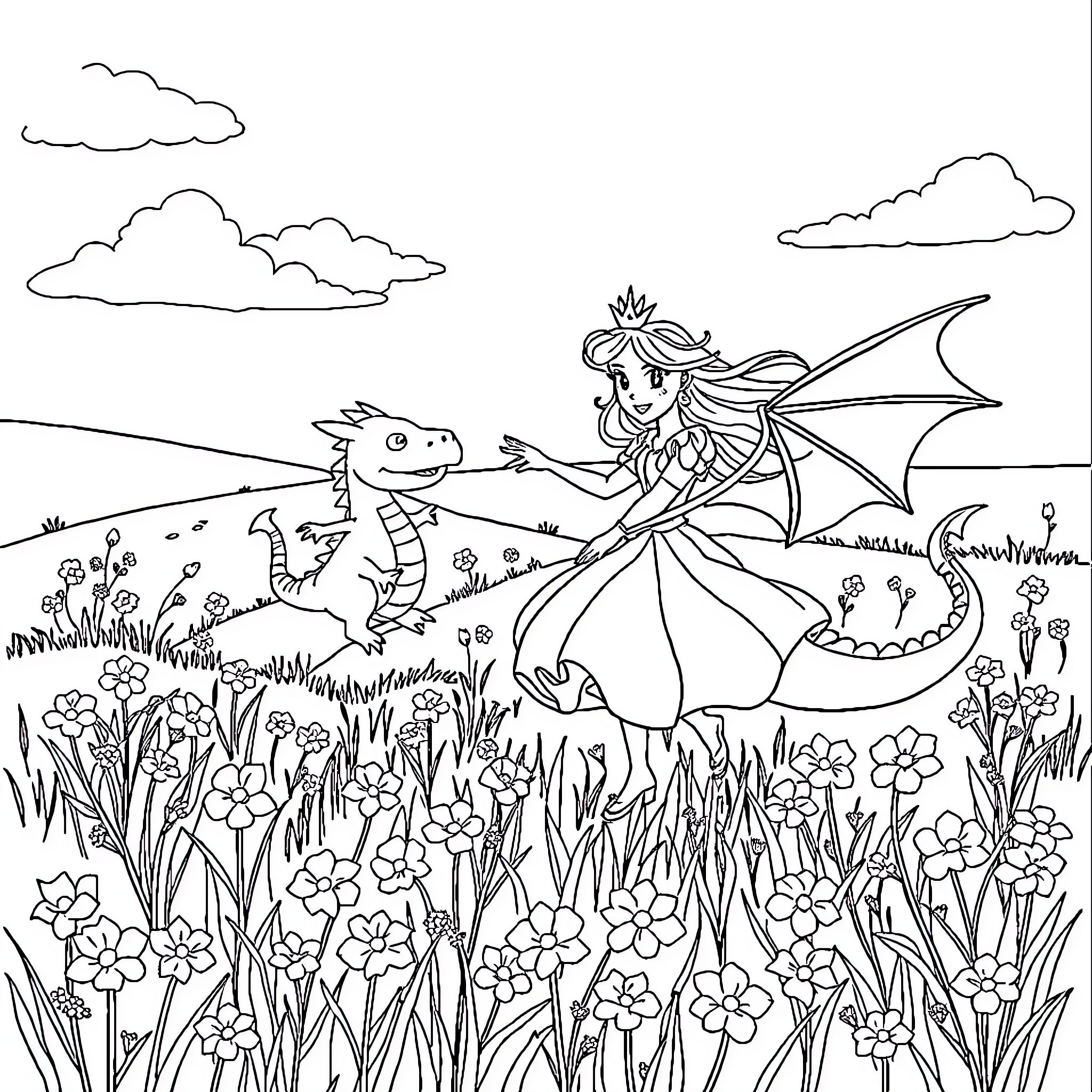Princesse and her dragon friend in a floral meadow Coloring Page (free black-and-white line drawing printable PDF for all, from beginners to advanced learners, including children, teens, adults, and seniors)