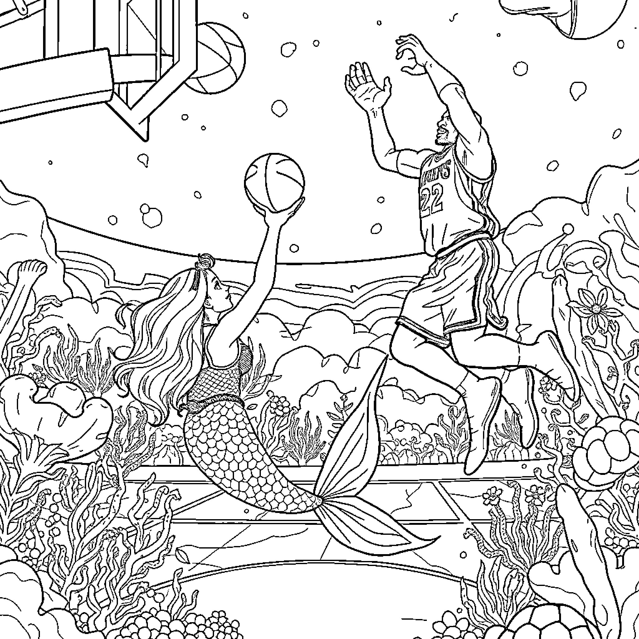 Mermaid playing basketball underwater with friends Coloring Page (free black-and-white line drawing printable PDF for all, from beginners to advanced learners, including children, teens, adults, and seniors)