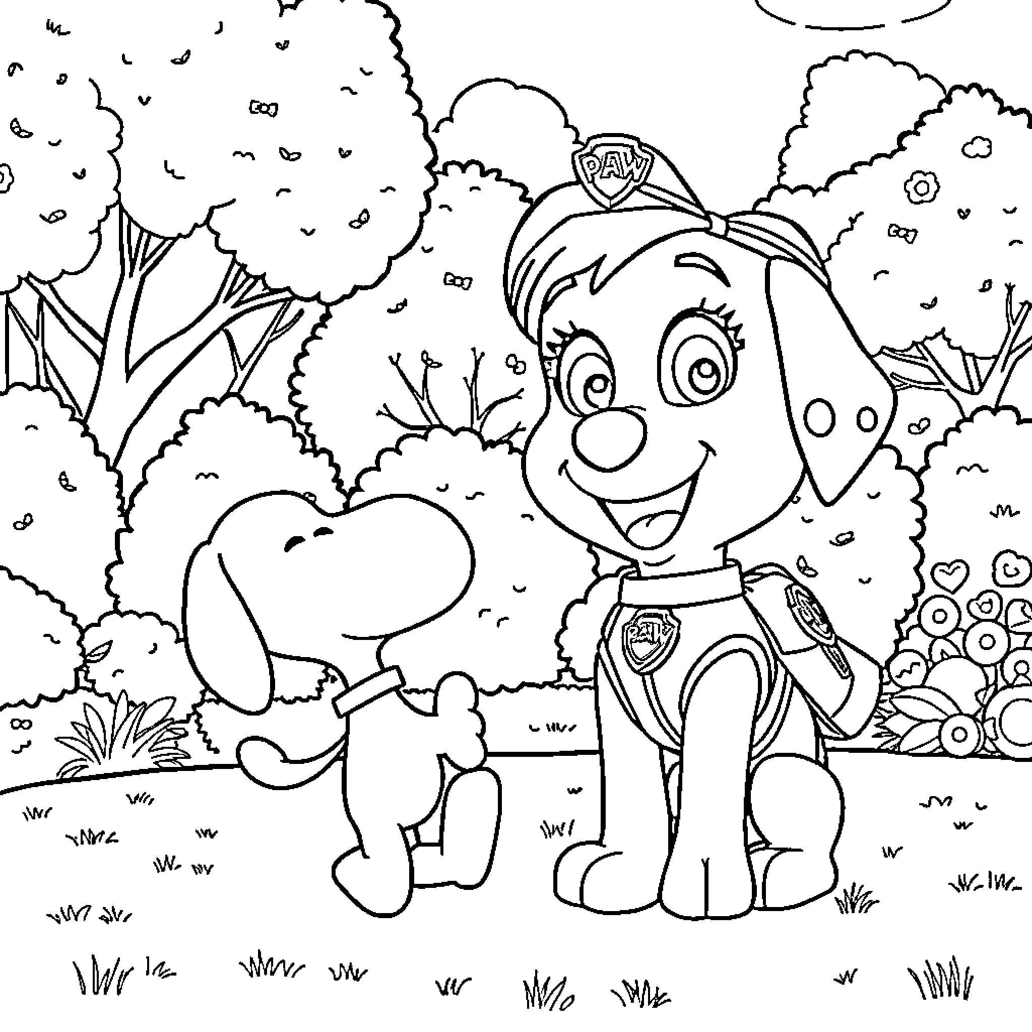 Skye playing happily in the forest Coloring Page (free black-and-white line drawing printable PDF for all, from beginners to advanced learners, including children, teens, adults, and seniors)
