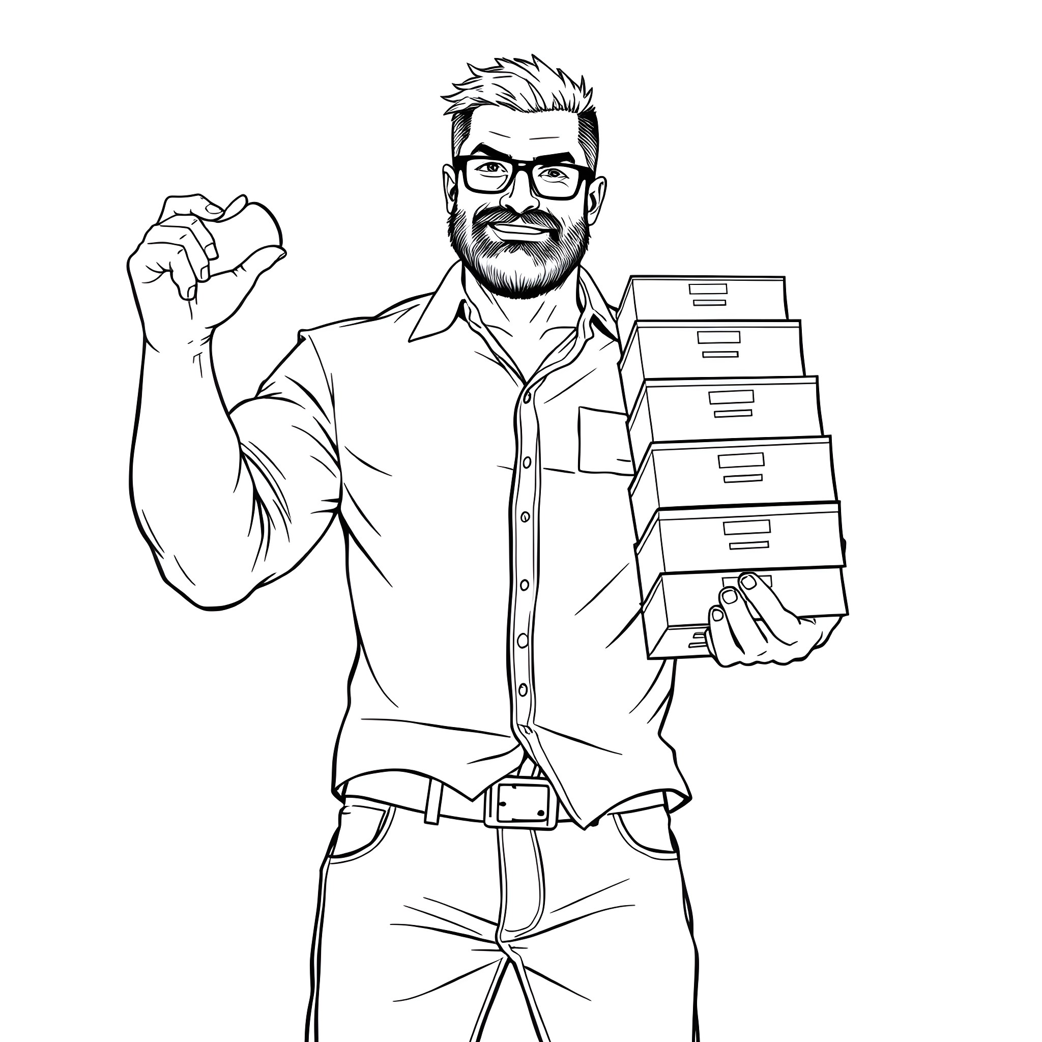 Guy holding boxes with thumbs up expression Coloring Page (free black-and-white line drawing printable PDF for all, from beginners to advanced learners, including children, teens, adults, and seniors)