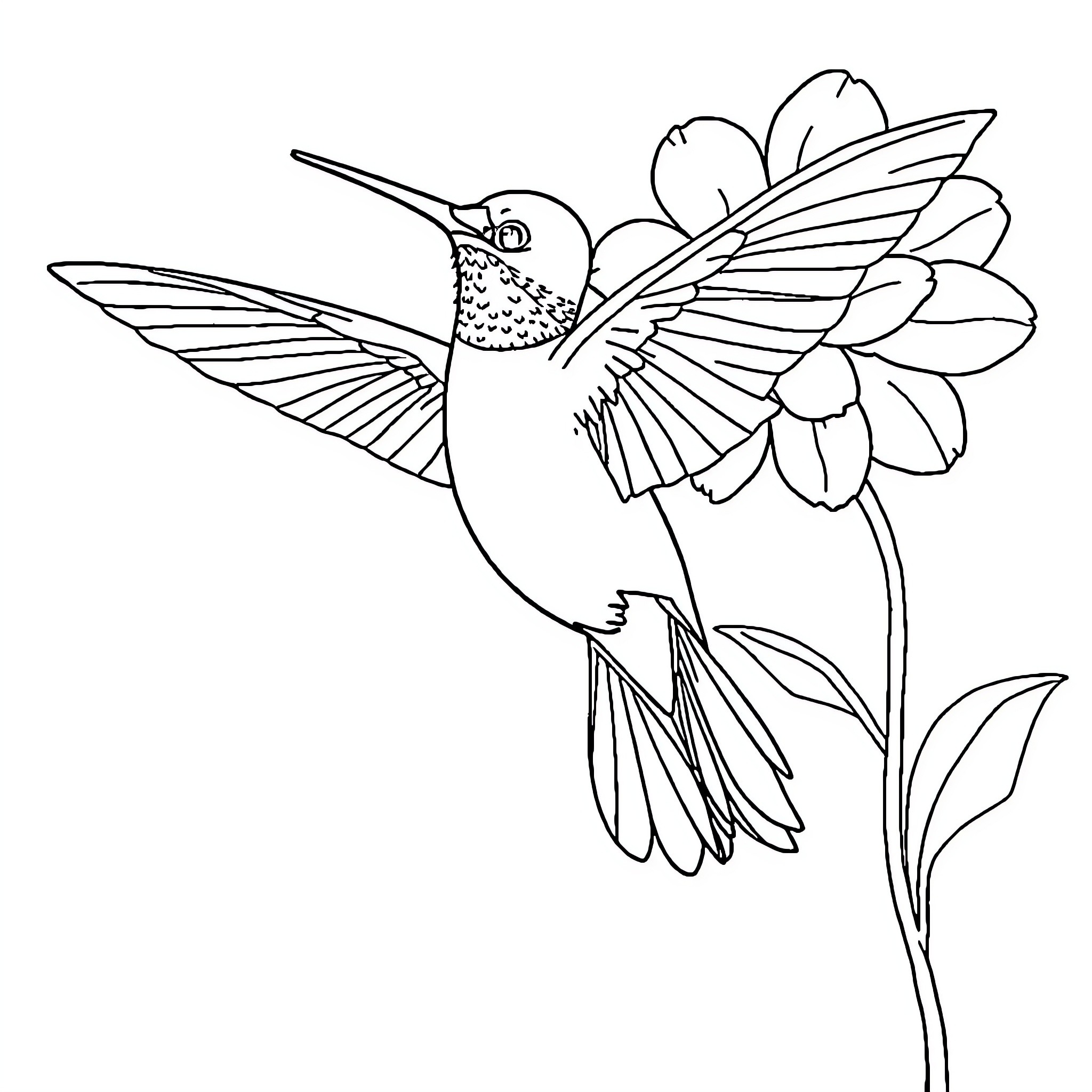 Hummingbird hovering near a vibrant flower Coloring Page (free black-and-white line drawing printable PDF for all, from beginners to advanced learners, including children, teens, adults, and seniors)