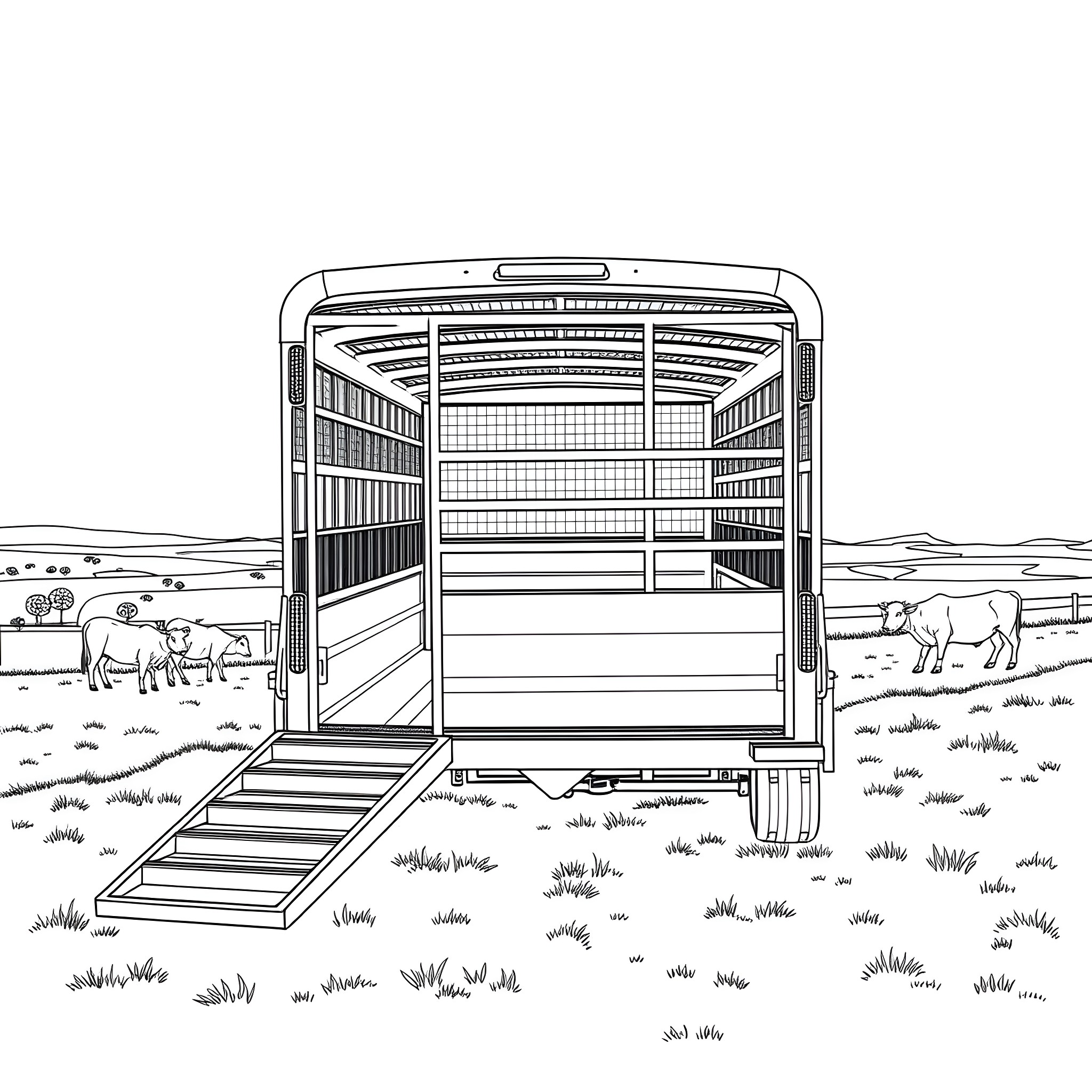 Livestock Trailer with Horses in the Countryside Coloring Page (free black-and-white line drawing printable PDF for all, from beginners to advanced learners, including children, teens, adults, and seniors)