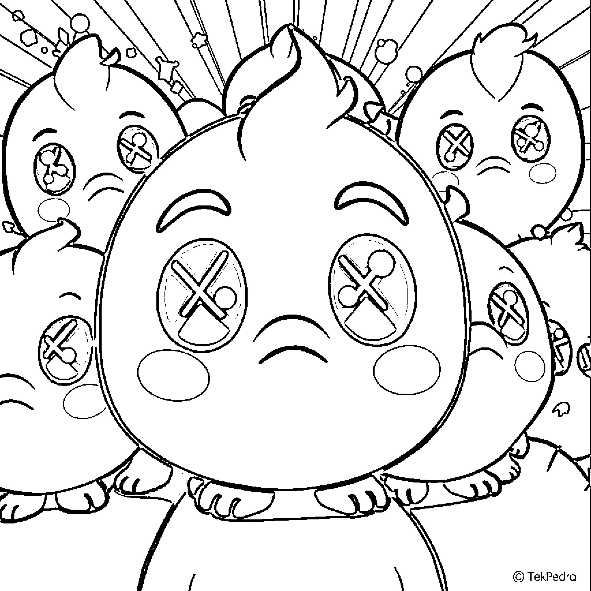 Kaws characters in humorous expressions Coloring Page (free black-and-white line drawing printable PDF for all, from beginners to advanced learners, including children, teens, adults, and seniors)