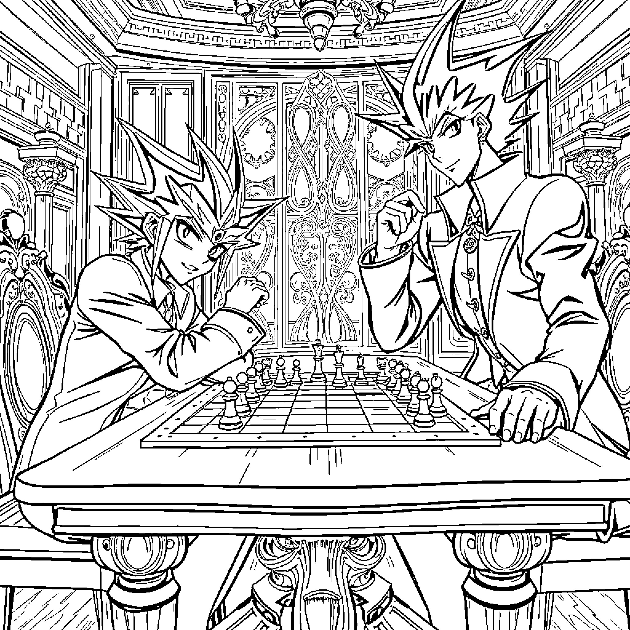 Yugioh Characters Playing Chess in Ornate Room Coloring Page (free black-and-white line drawing printable PDF for all, from beginners to advanced learners, including children, teens, adults, and seniors)