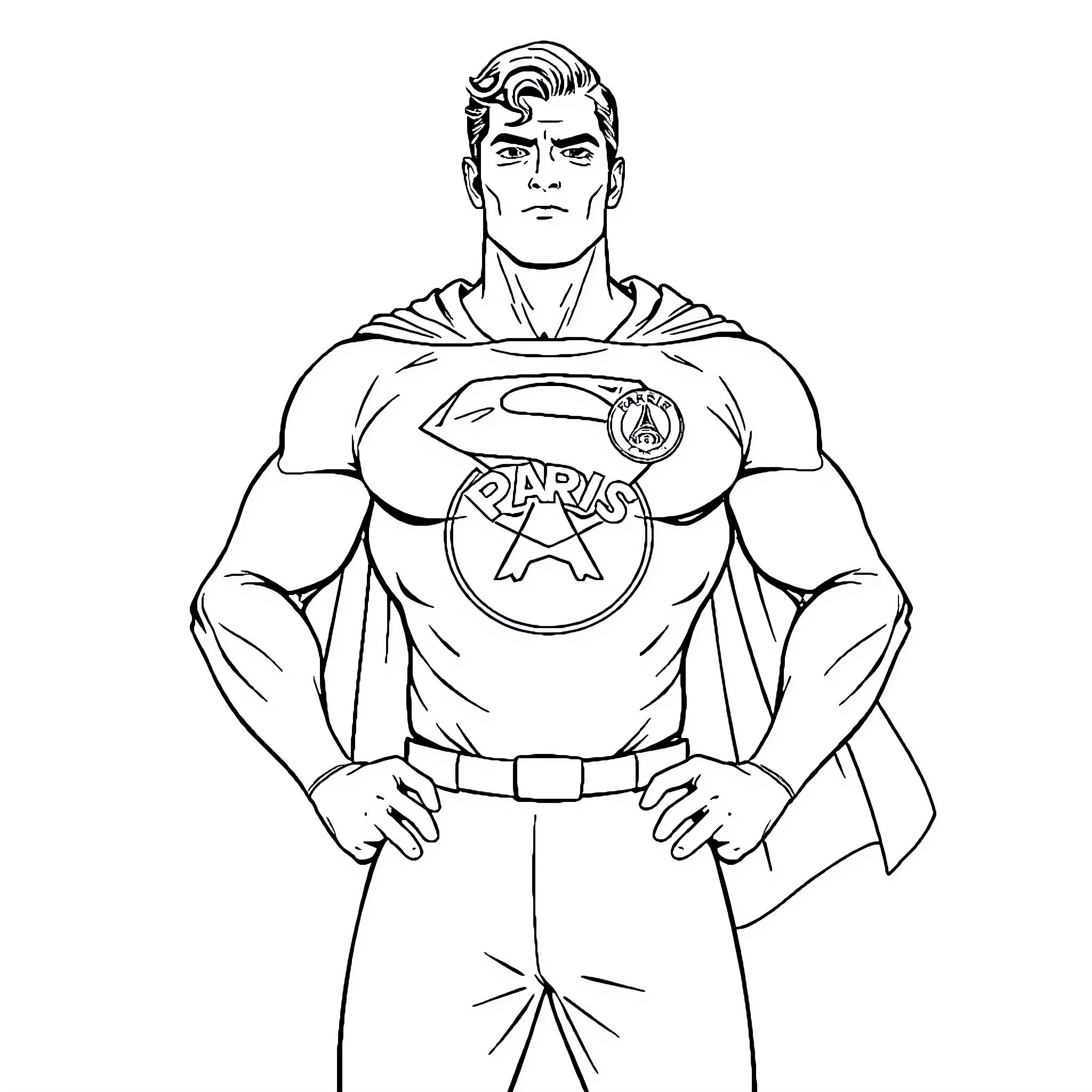 Superman standing proudly in heroic pose Coloring Page (free black-and-white line drawing printable PDF for all, from beginners to advanced learners, including children, teens, adults, and seniors)