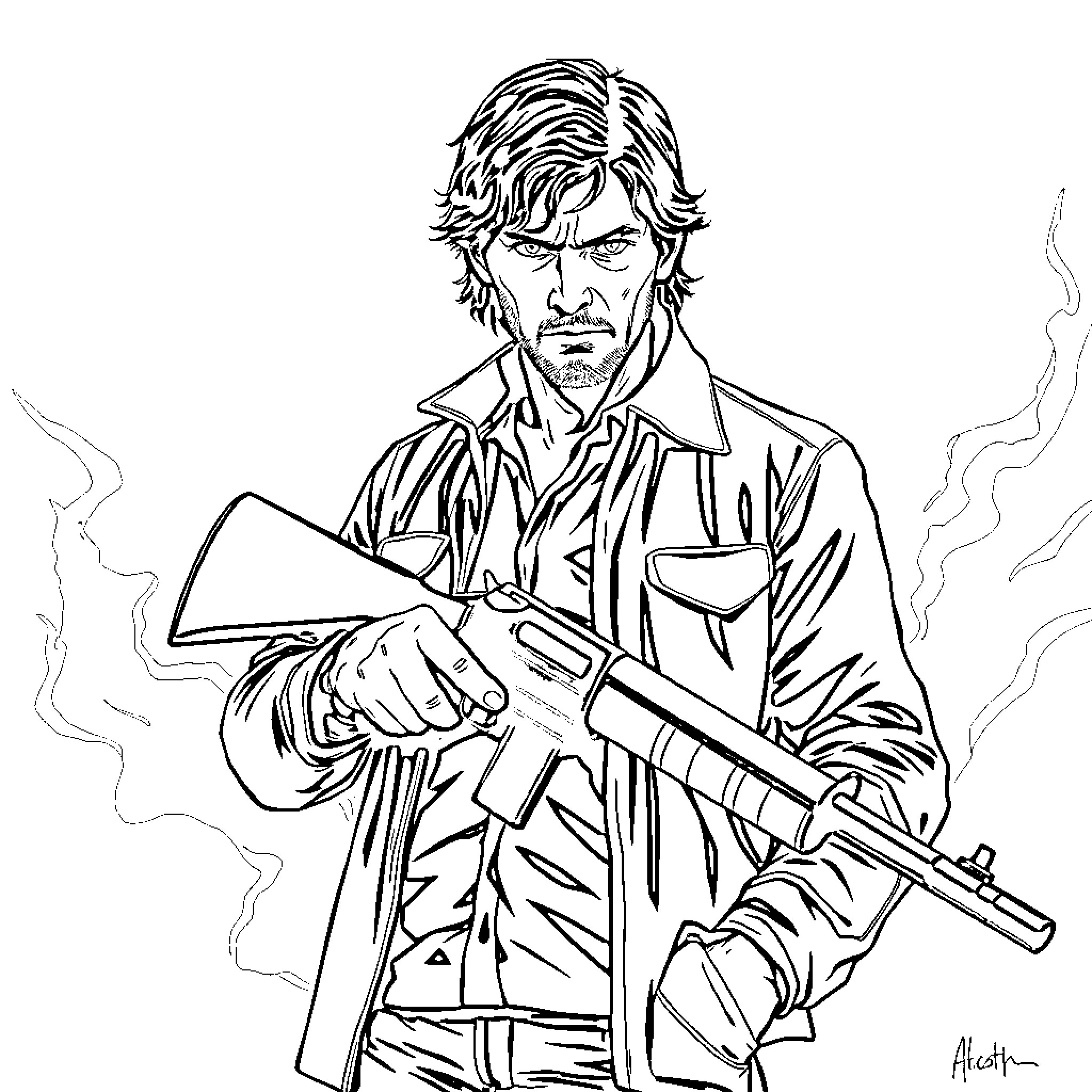 Sam Winchester wielding a firearm in a tense moment Coloring Page (free black-and-white line drawing printable PDF for all, from beginners to advanced learners, including children, teens, adults, and seniors)