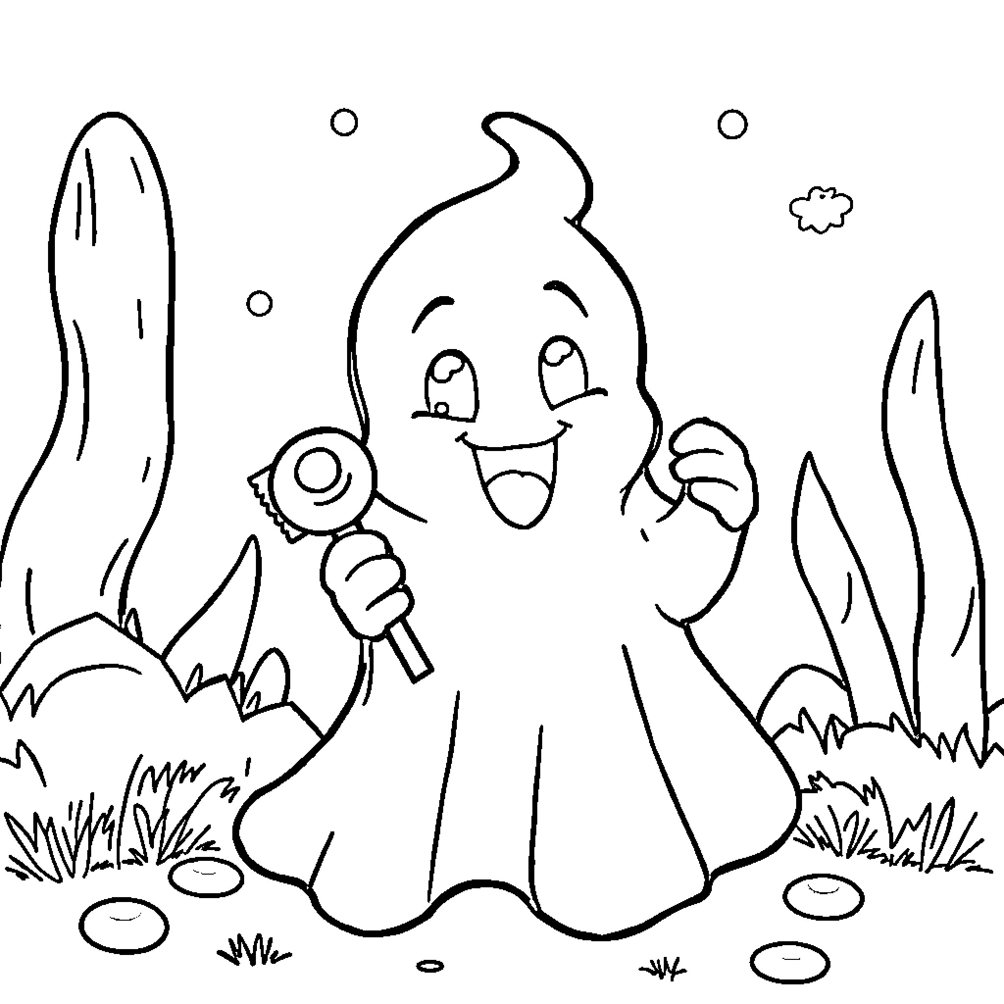 Ghost happily playing with lantern in the night Coloring Page (free black-and-white line drawing printable PDF for all, from beginners to advanced learners, including children, teens, adults, and seniors)