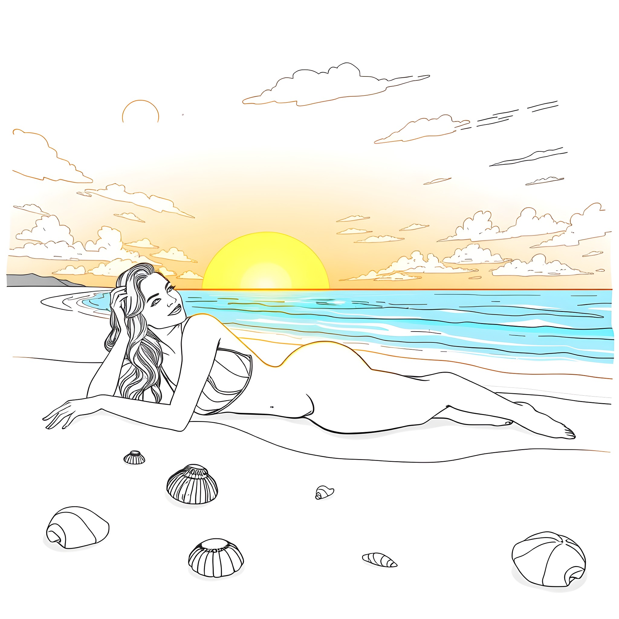 Hailey Smith enjoying the sunset at the beach Coloring Page (free black-and-white line drawing printable PDF for all, from beginners to advanced learners, including children, teens, adults, and seniors)