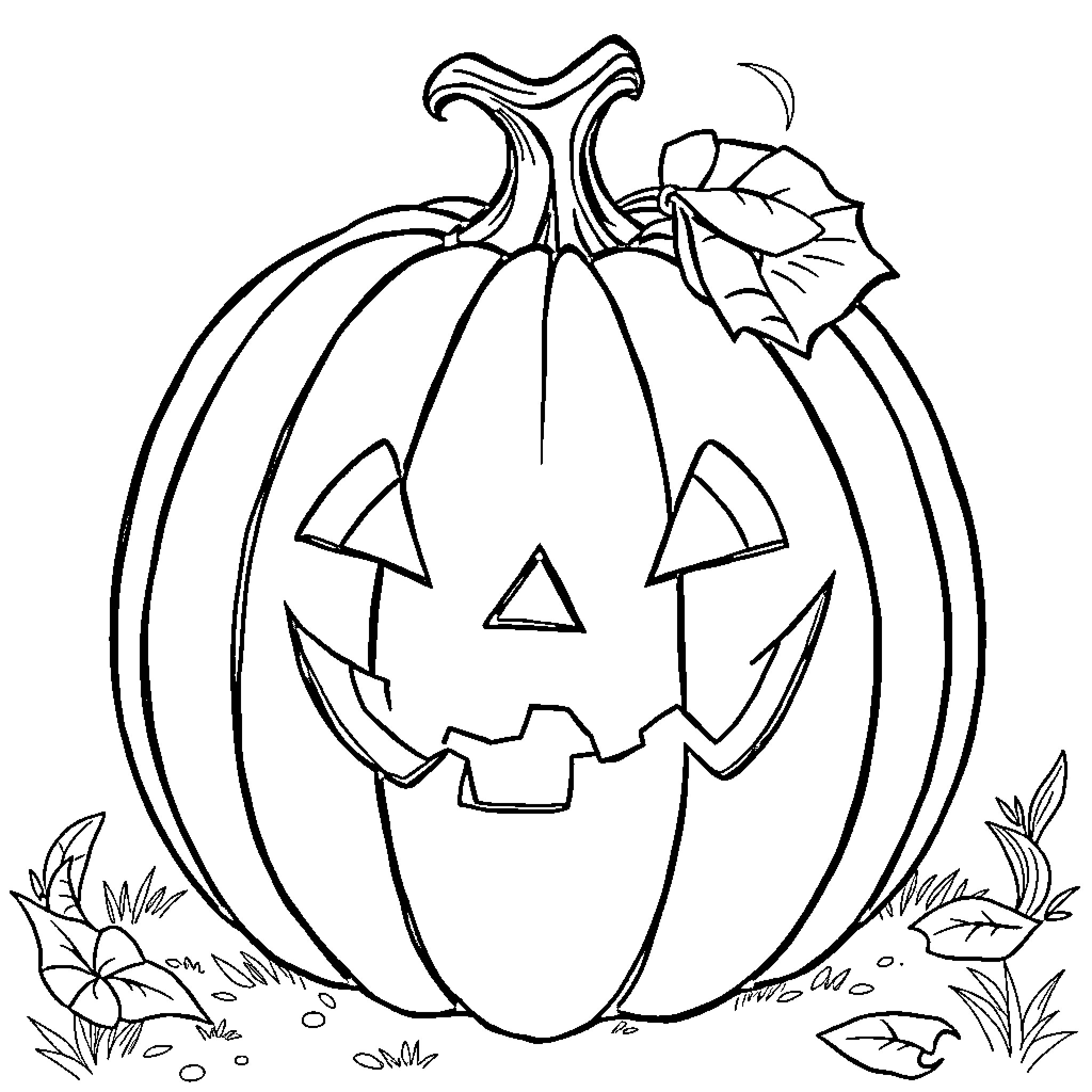 Pumpkin with carved smiling face Coloring Page (free black-and-white line drawing printable PDF for all, from beginners to advanced learners, including children, teens, adults, and seniors)