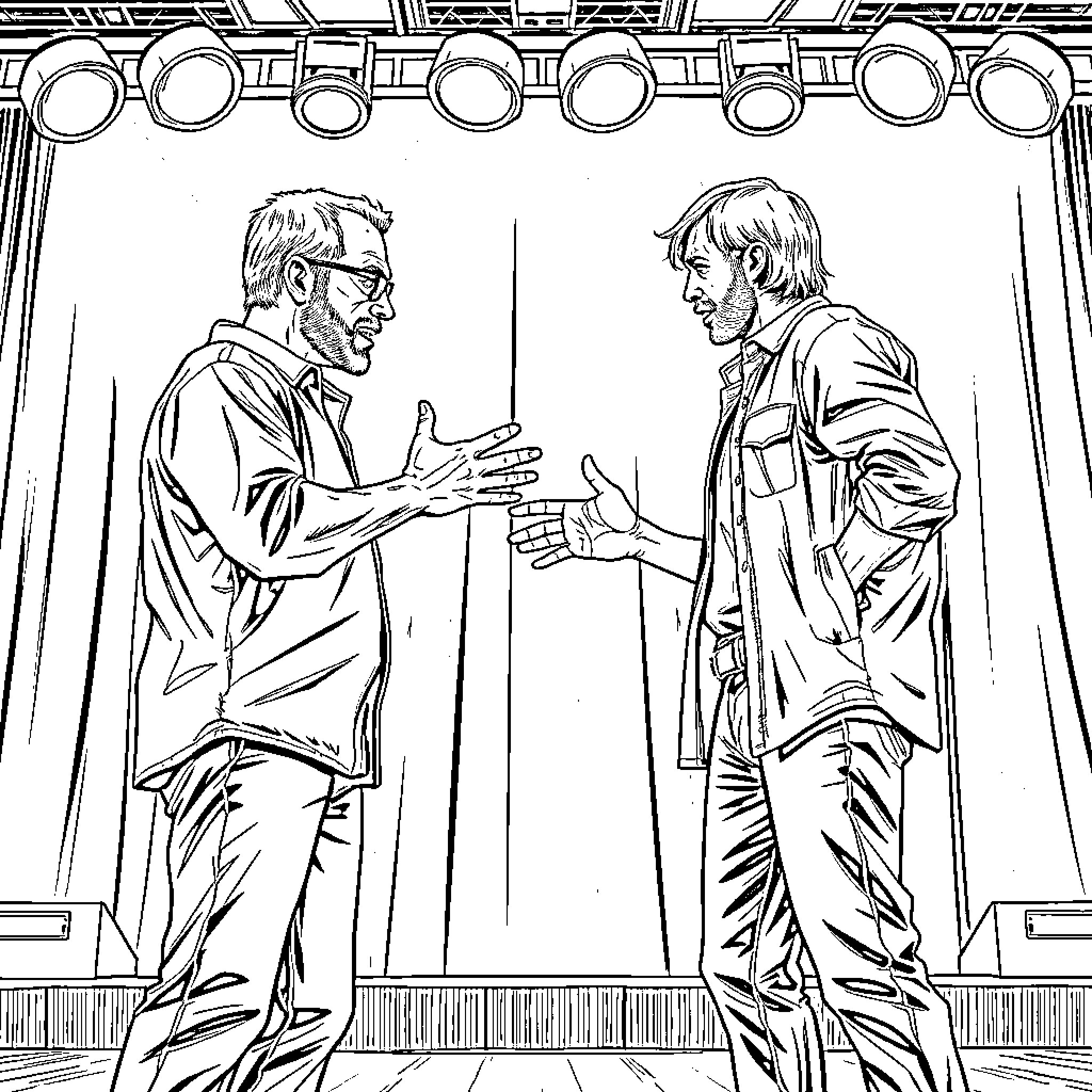 Walter White and Jesse Pinkman in intense discussion Coloring Page (free black-and-white line drawing printable PDF for all, from beginners to advanced learners, including children, teens, adults, and seniors)