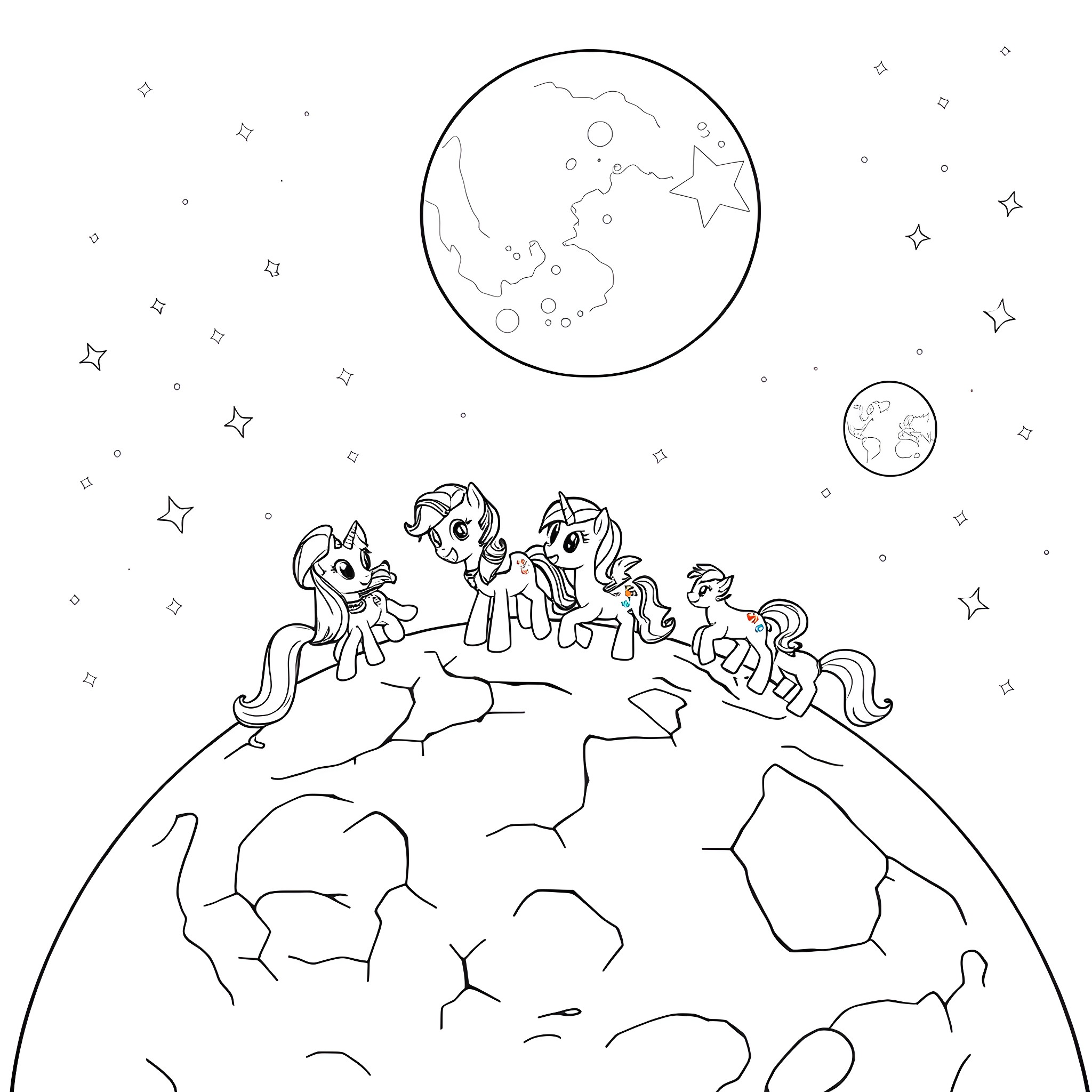 Pony friends exploring the starry night sky Coloring Page (free black-and-white line drawing printable PDF for all, from beginners to advanced learners, including children, teens, adults, and seniors)