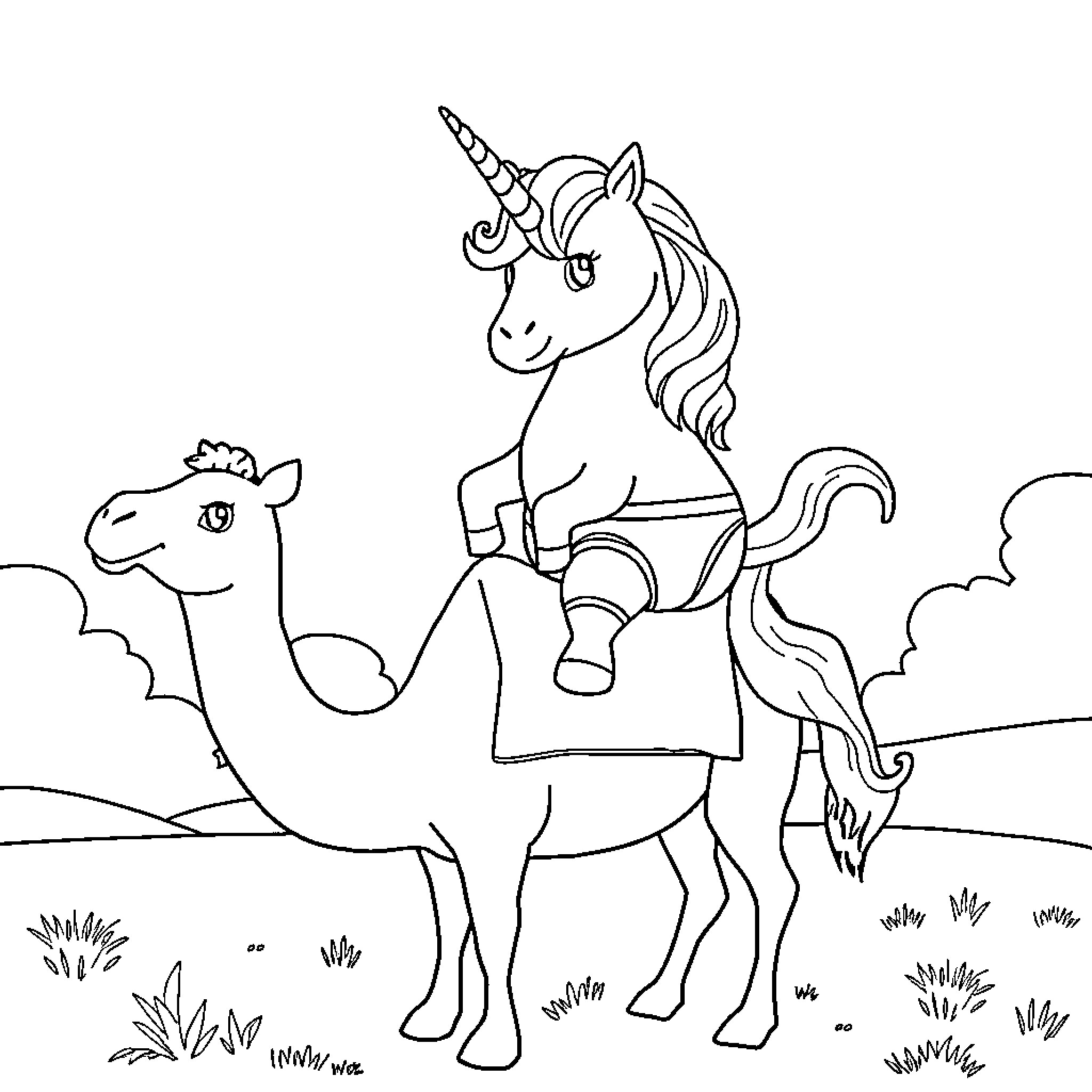 Licorne riding a camel through a landscape Coloring Page (free black-and-white line drawing printable PDF for all, from beginners to advanced learners, including children, teens, adults, and seniors)