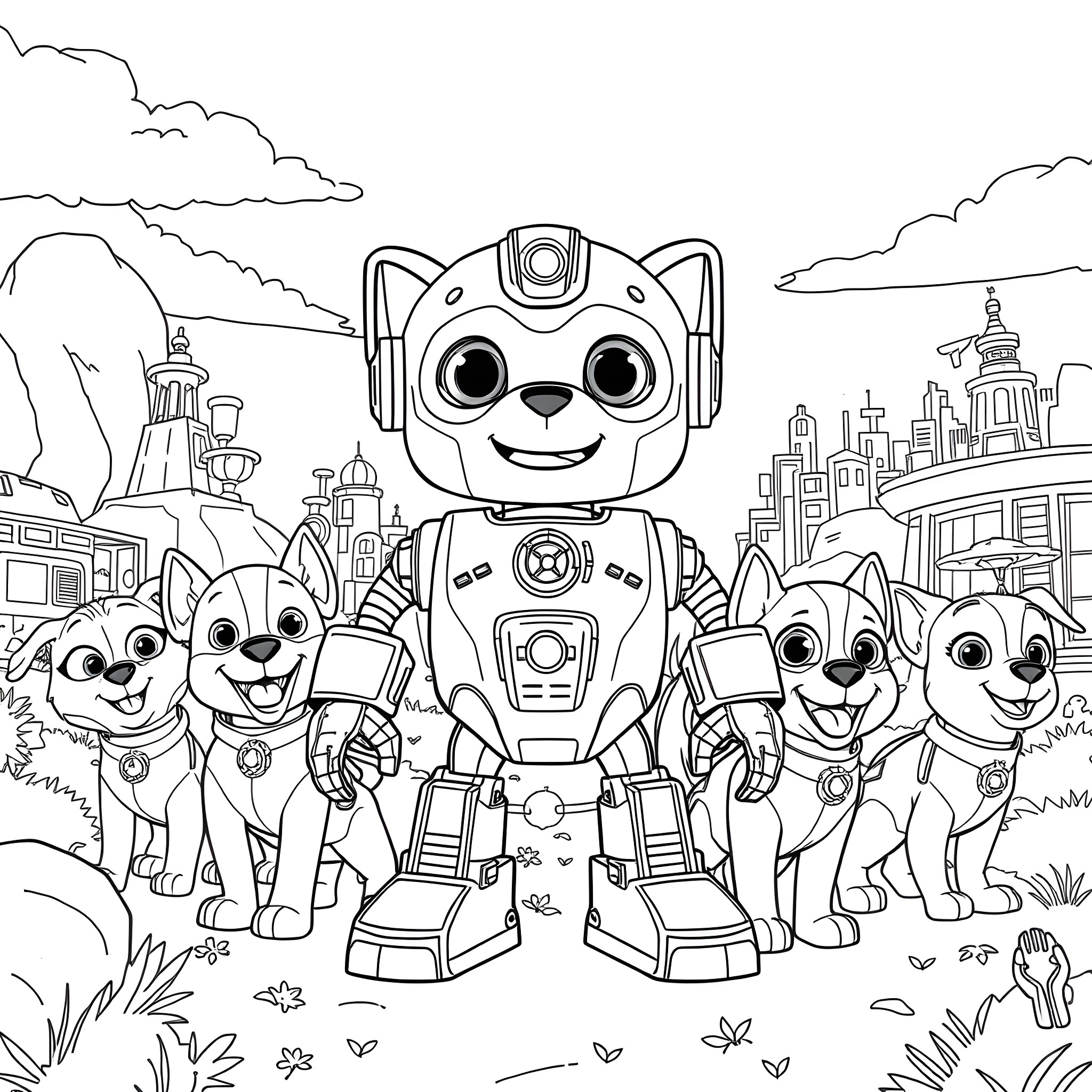 Robot puppies exploring the futuristic city landscape Coloring Page (free black-and-white line drawing printable PDF for all, from beginners to advanced learners, including children, teens, adults, and seniors)