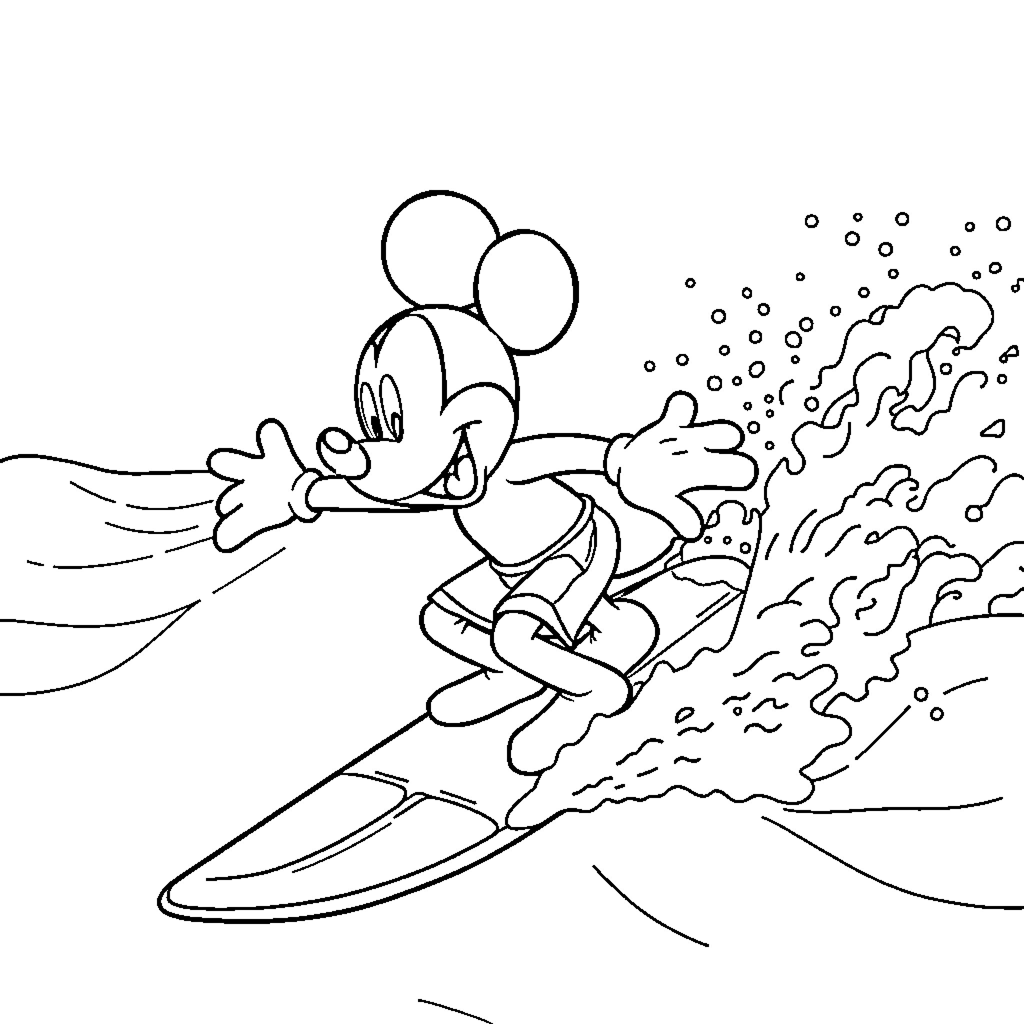 Mickey Mouse surfing in the ocean Coloring Page (free black-and-white line drawing printable PDF for all, from beginners to advanced learners, including children, teens, adults, and seniors)
