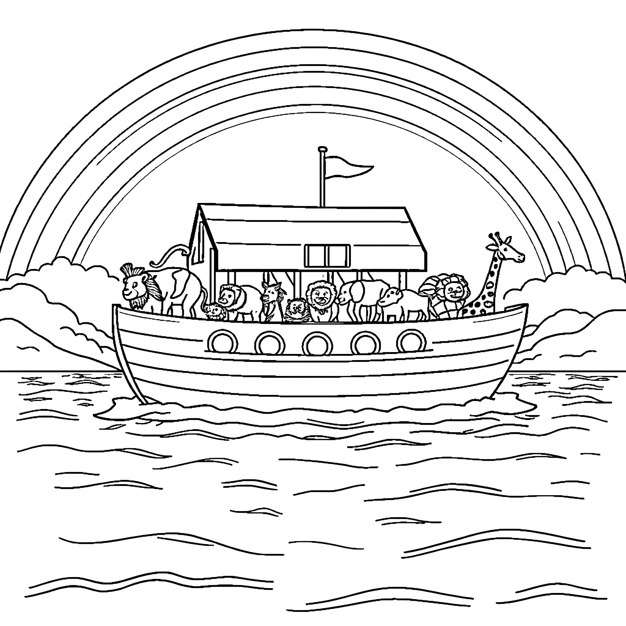 Noah's Ark Sailing on Stormy Seas with Animals Coloring Page (free black-and-white line drawing printable PDF for all, from beginners to advanced learners, including children, teens, adults, and seniors)