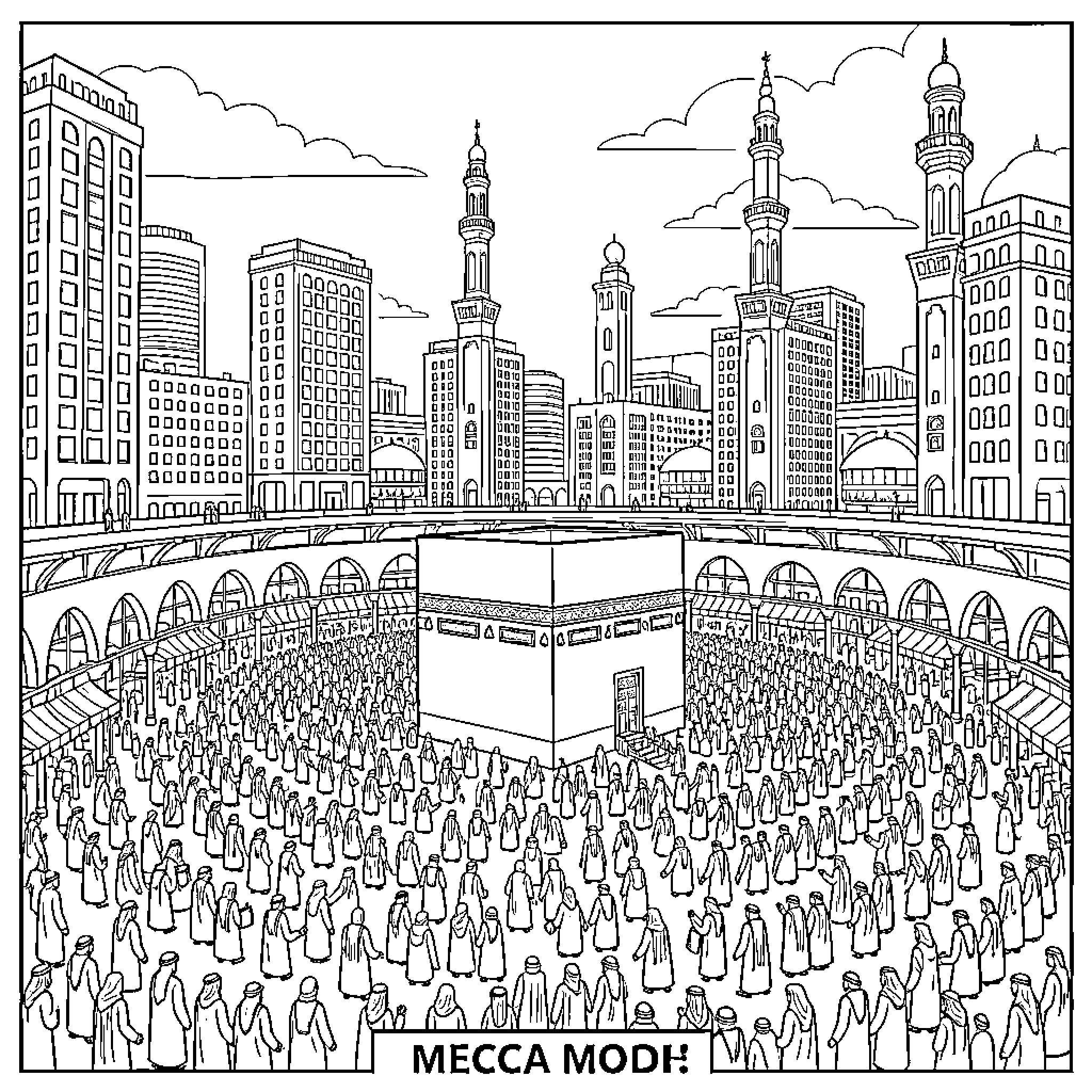 Mecca crowd performing pilgrimage around the Kaaba Coloring Page (free black-and-white line drawing printable PDF for all, from beginners to advanced learners, including children, teens, adults, and seniors)